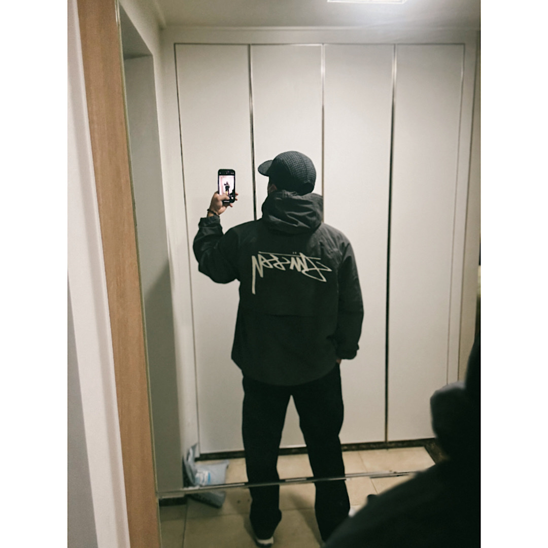 Stussy Wave Dye Beach Shell Jacket Black, Supreme Houndstooth Wool Camp Cap Black - 23FW 착용 스타일 - 1