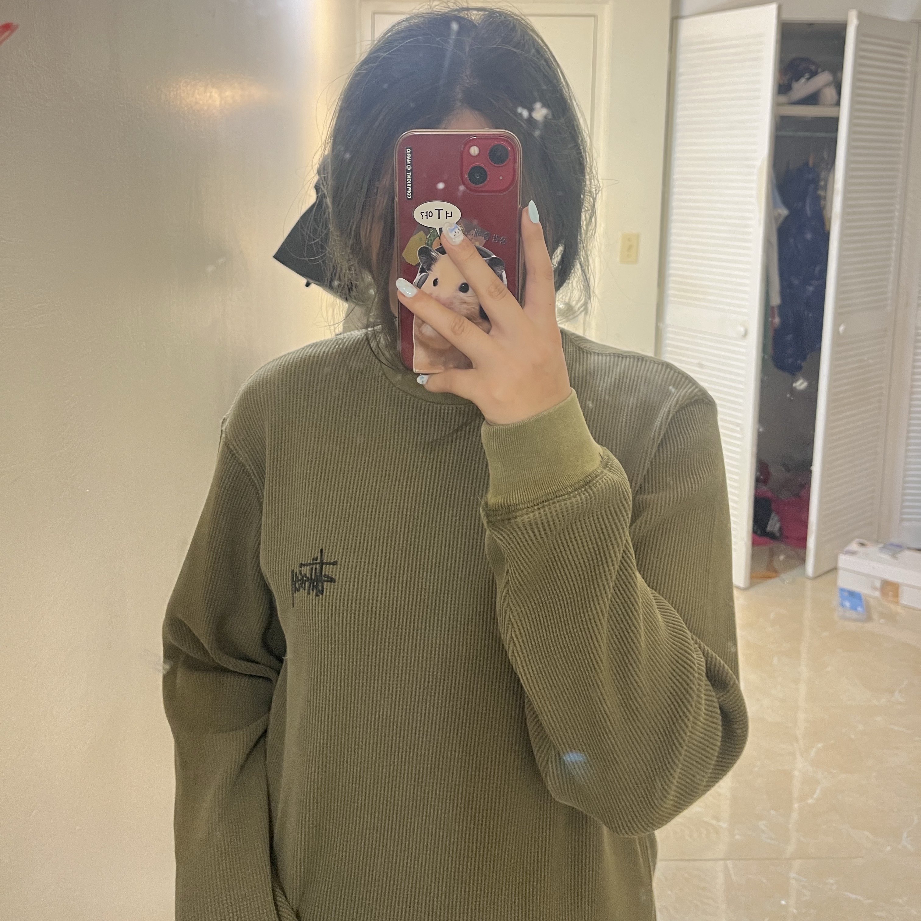 Stussy Basic Stock Thermal LS T-Shirt Washed Black, Stussy Basic Stock Thermal LS T-Shirt Olive 착용 스타일 - 2