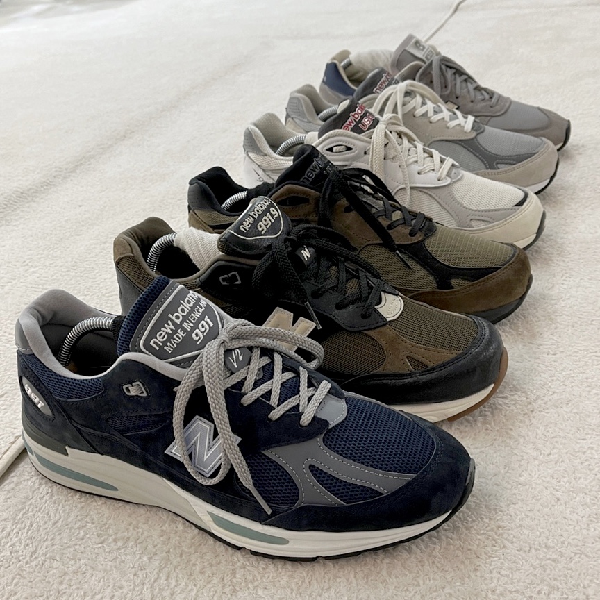 New Balance 991v2 Made in UK Dark Navy Smoked Pearl, New Balance 991.9 Made in UK Caviar & Vodka 착용 스타일 - 3