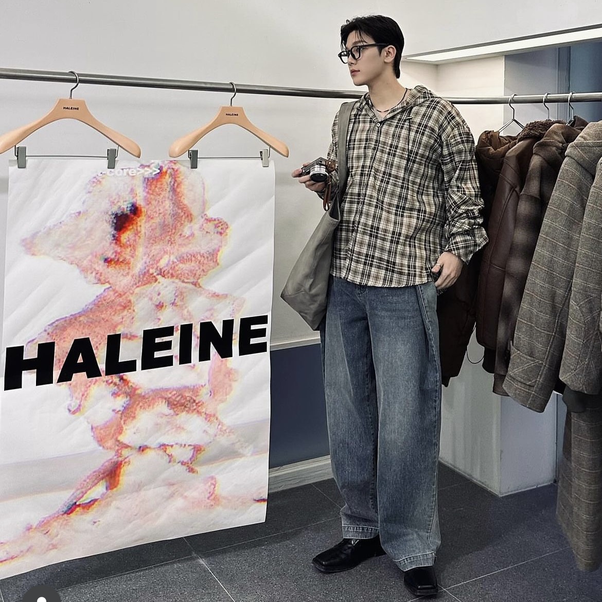 Haleine Incision Check Hooded Shirts Cookie 착용 스타일
