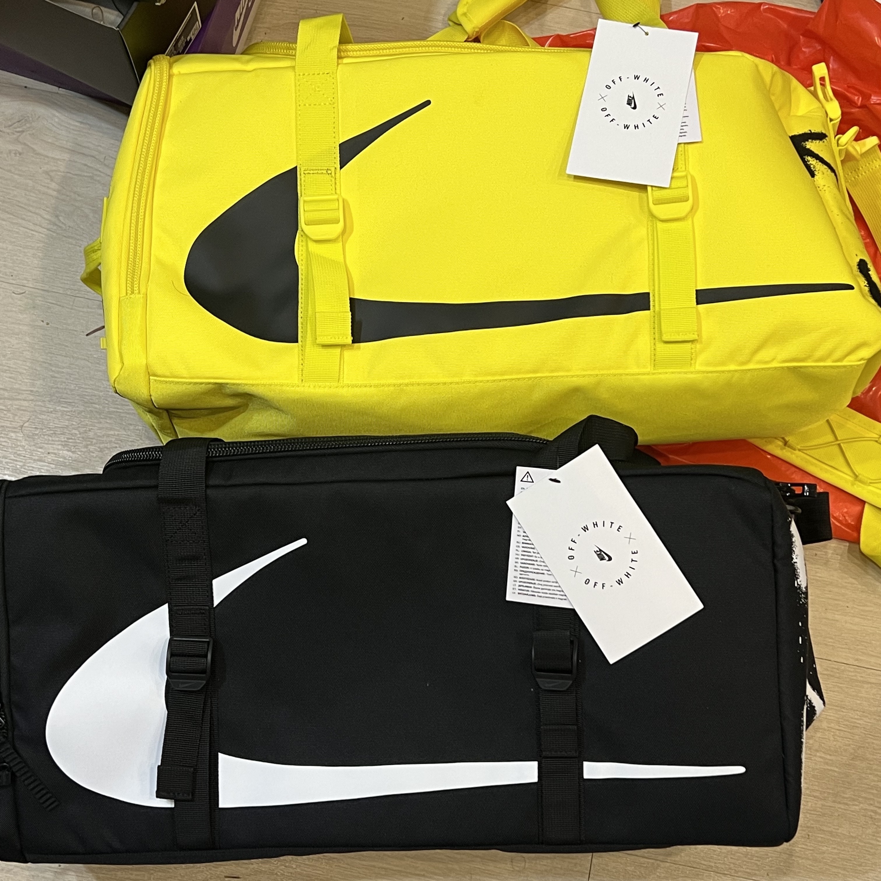off white yellow duffle bag