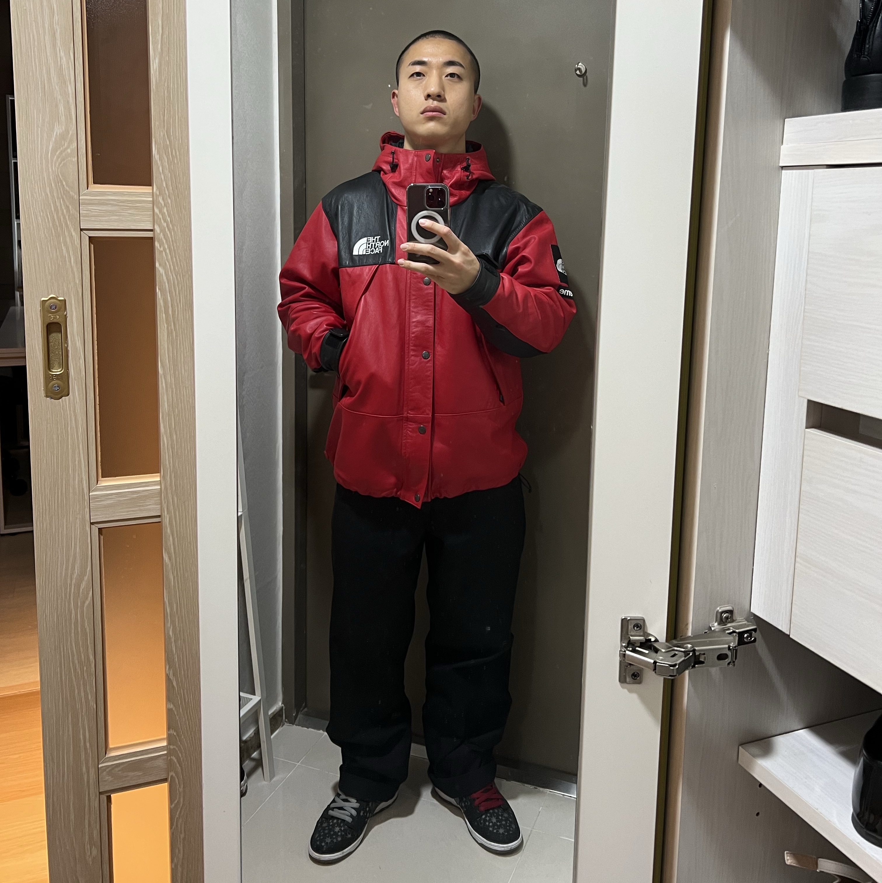 Supreme x The North Face Leather Mountain Parka Red - 18FW, Nike x BROOKLYN PROJECTS Dunk High Premium SB Paparazzi 착용 스타일