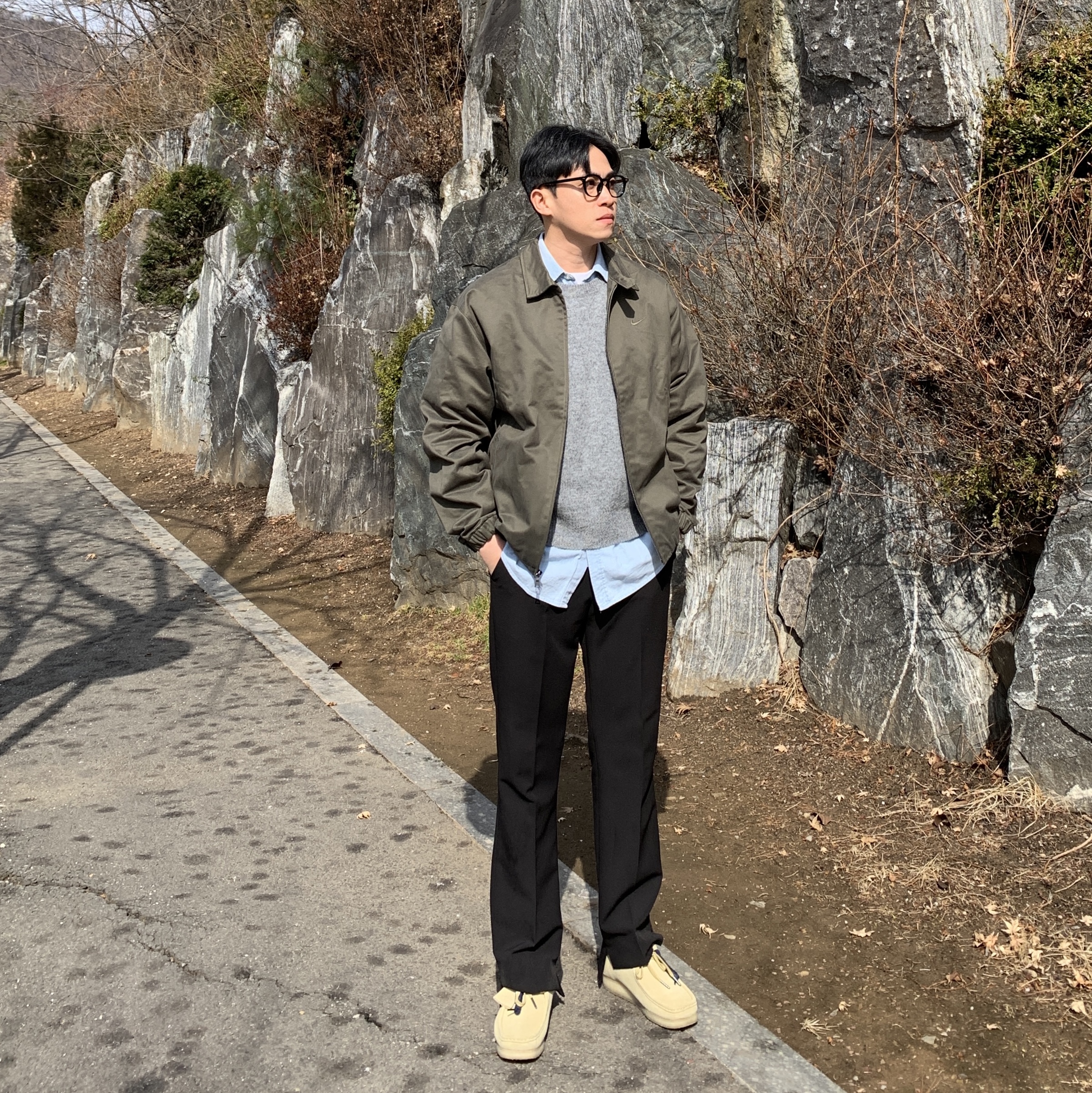 Nike Life Woven Harrington Jacket Cargo Khaki - Asia, Clarks Wallabee Maple Suede 착용 스타일