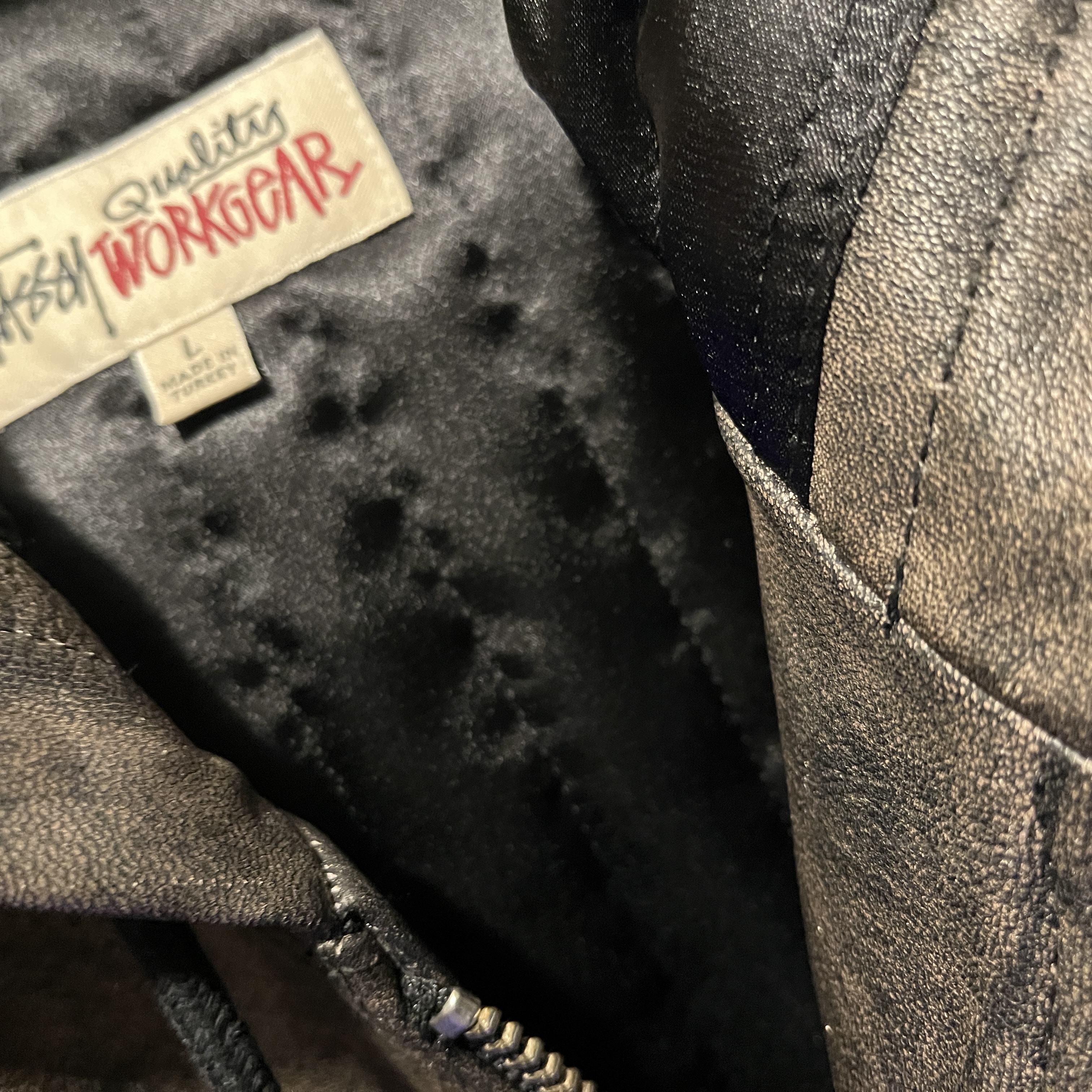 Stussy Stonewash Leather Work Jacket Washed Black 착용 스타일 - 2