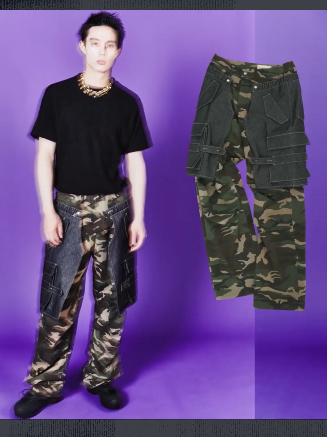 Diesel J-Abbas Wool Jacket with Denim Collar Grey, [KREAM 단독] ADSB Andersson Bell Raptor Layered Cargo Pants Indigo Green 착용 스타일 - 4