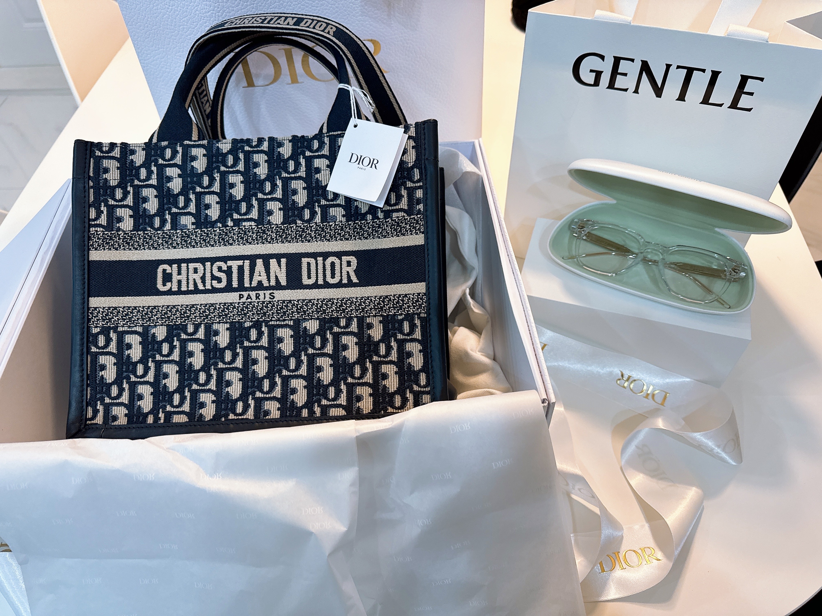 Dior Small Book Tote Blue Dior Oblique Embroidery Calf Skin, Gentle Monster Una.C C1 Clear 착용 스타일