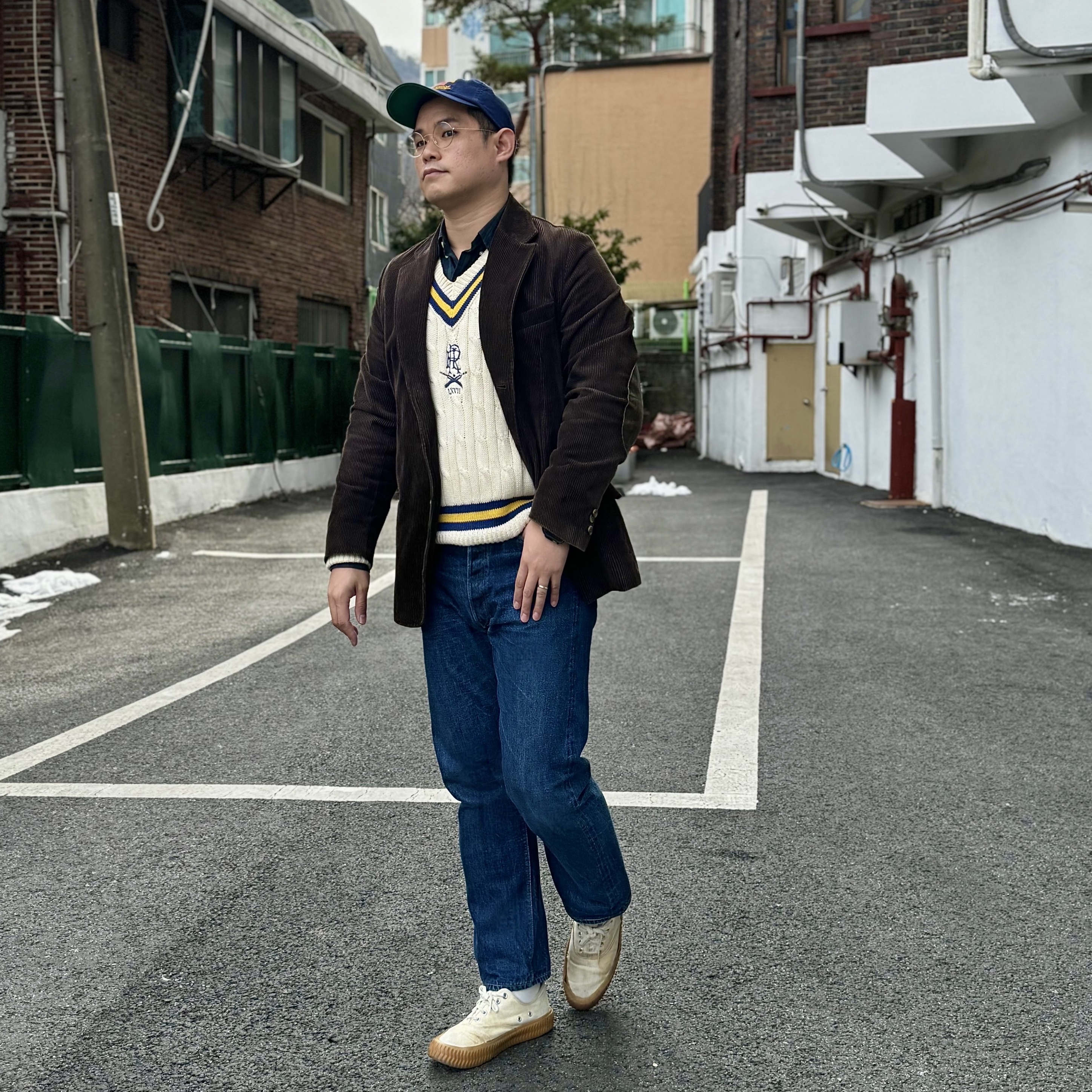 Warehouse & Co. Lot 2nd-Hand 1100 Pants Used Wash Medium Indigo 착용 스타일 - 2