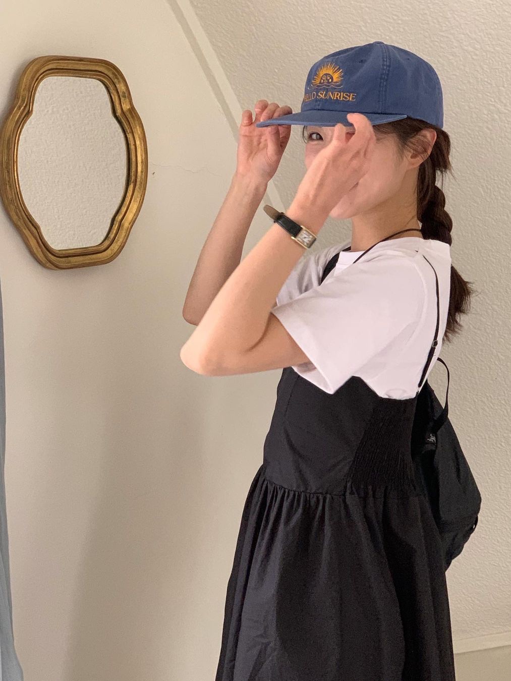 Hello Sunrise Washed OG Logo 6panel Cap Ocean Blue 착용 스타일