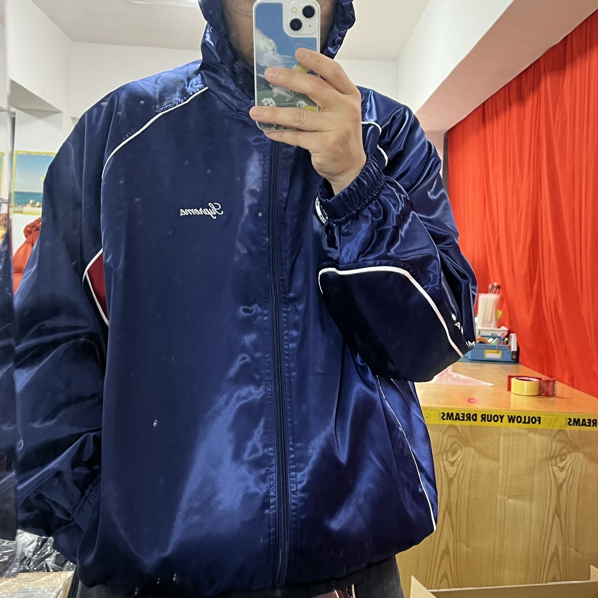 Supreme Satin Hooded Track Jacket Navy - 24SS 착용 스타일