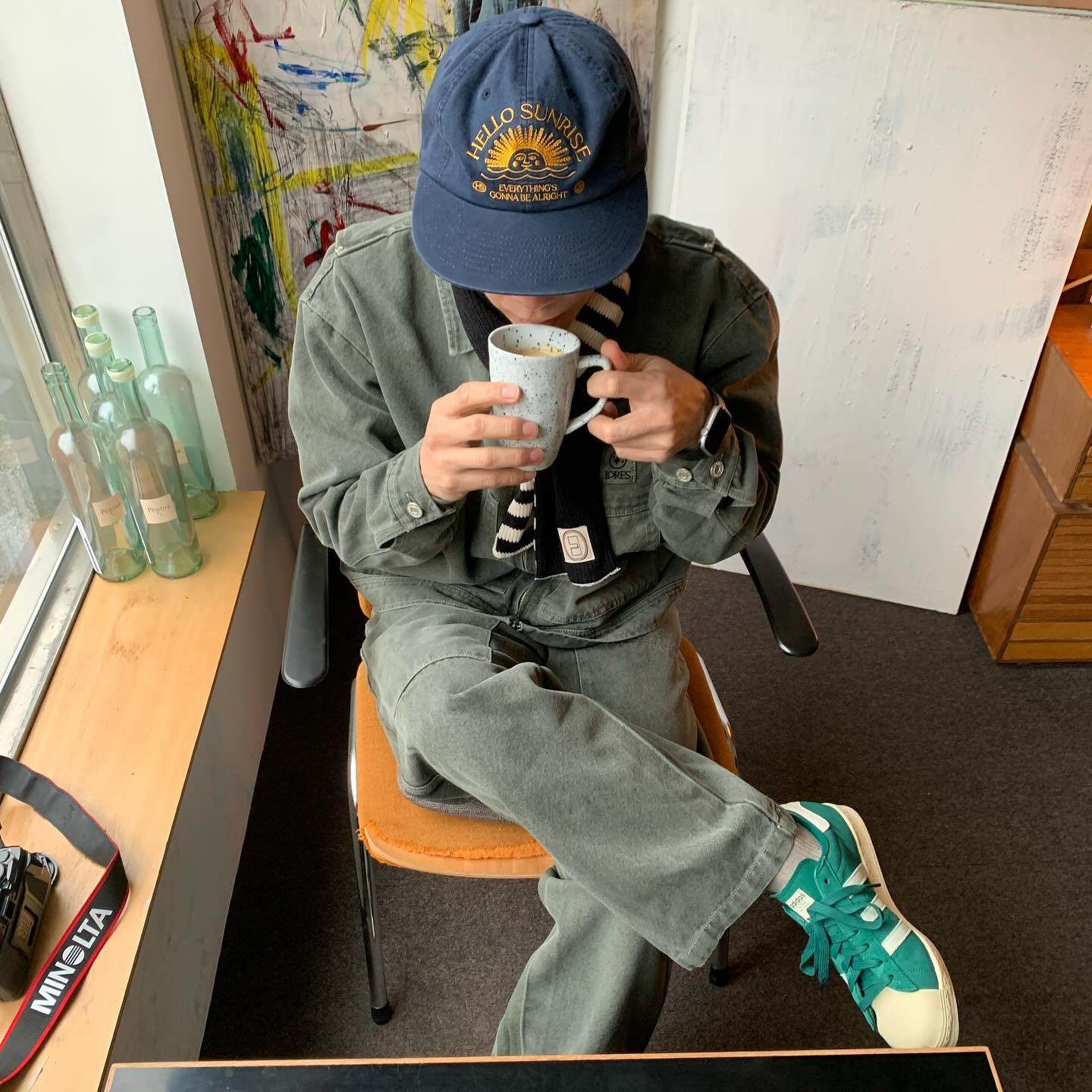 Hello Sunrise Washed HS Arch Logo 6Panel Cap Navy & Orange, Hello Sunrise Washed VTG Arch Logo Ball Cap Navy 착용 스타일