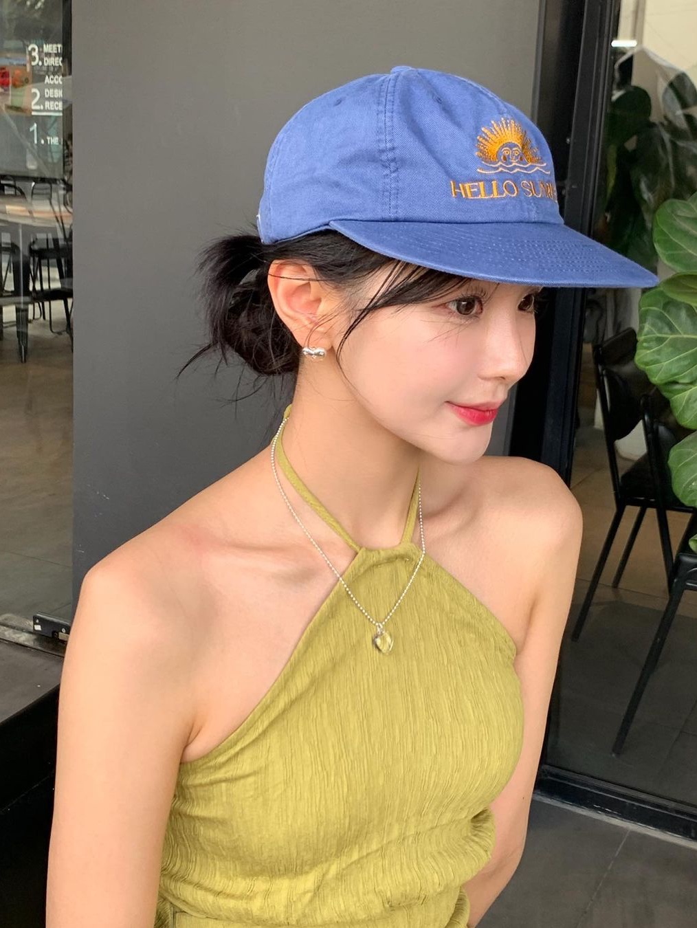 Hello Sunrise Washed OG Logo 6panel Cap Ocean Blue 착용 스타일