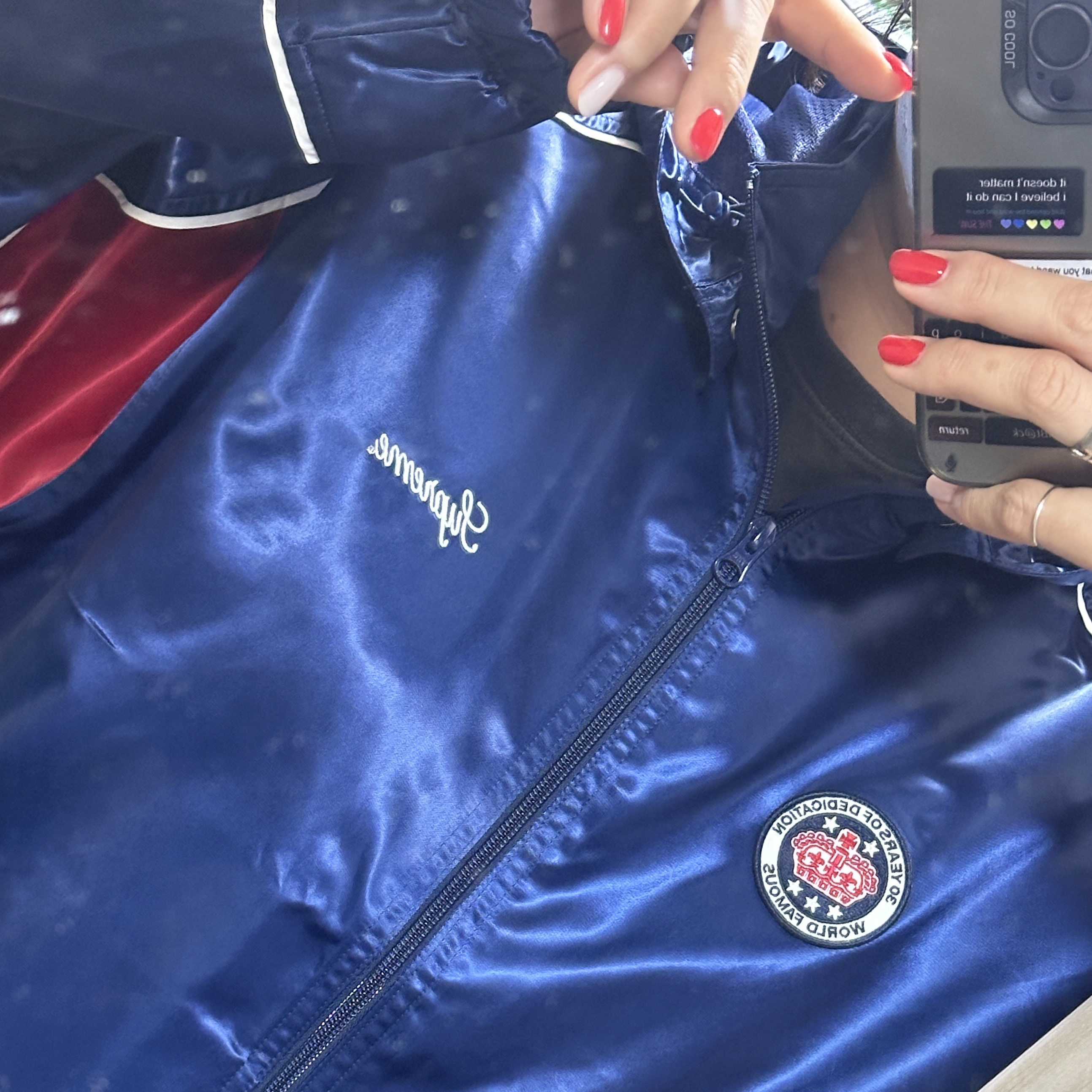 Supreme Satin Hooded Track Jacket Navy - 24SS 착용 스타일 - 2