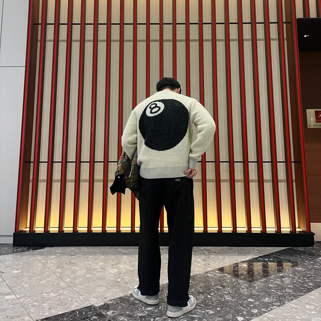 Stussy Beach Pant Wool Stripe Black, Stussy 8 Ball Heavy Brushed Mohair Sweater Cream 착용 스타일