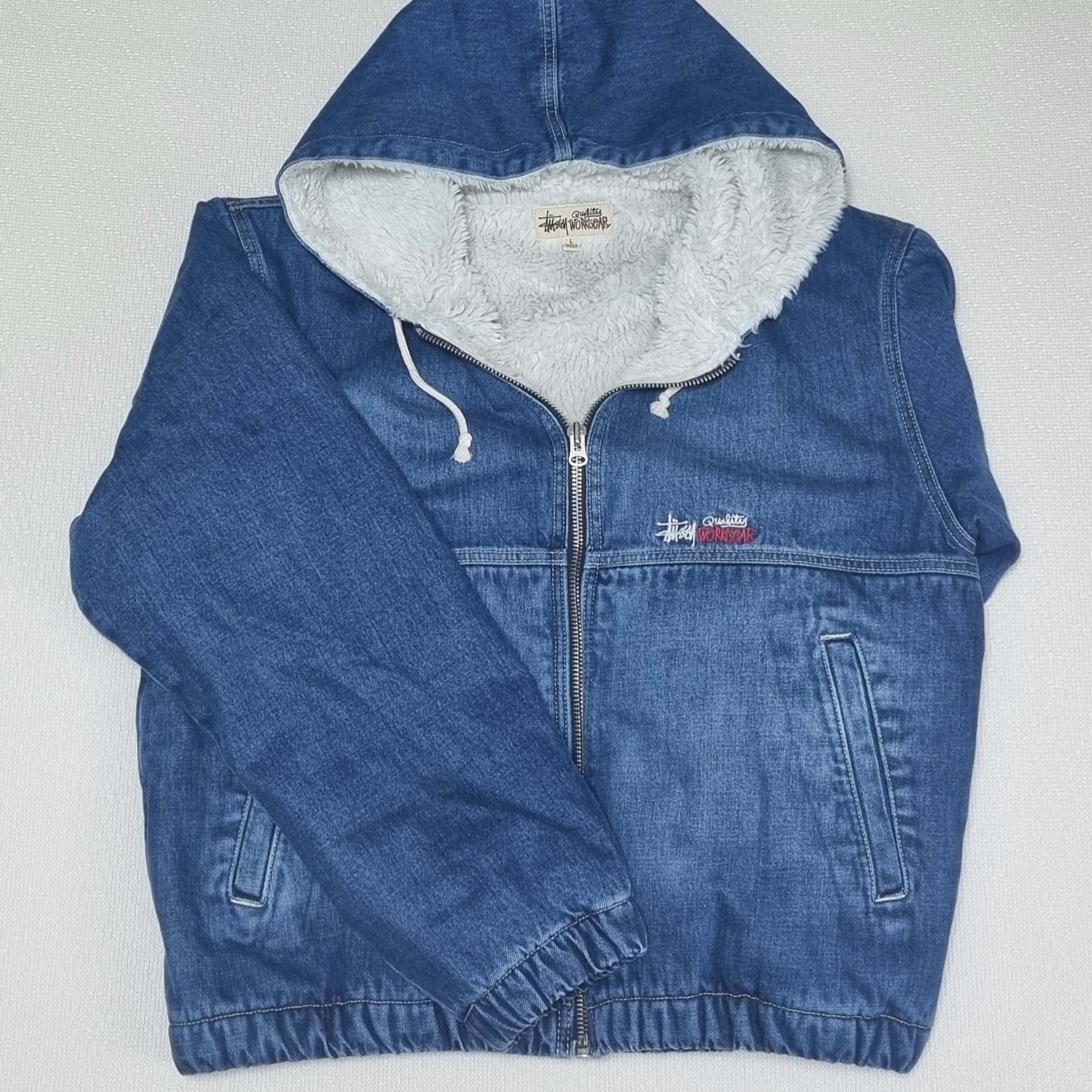 Stussy Denim Sherpa Work Jacket Washed Blue 착용 스타일 - 1