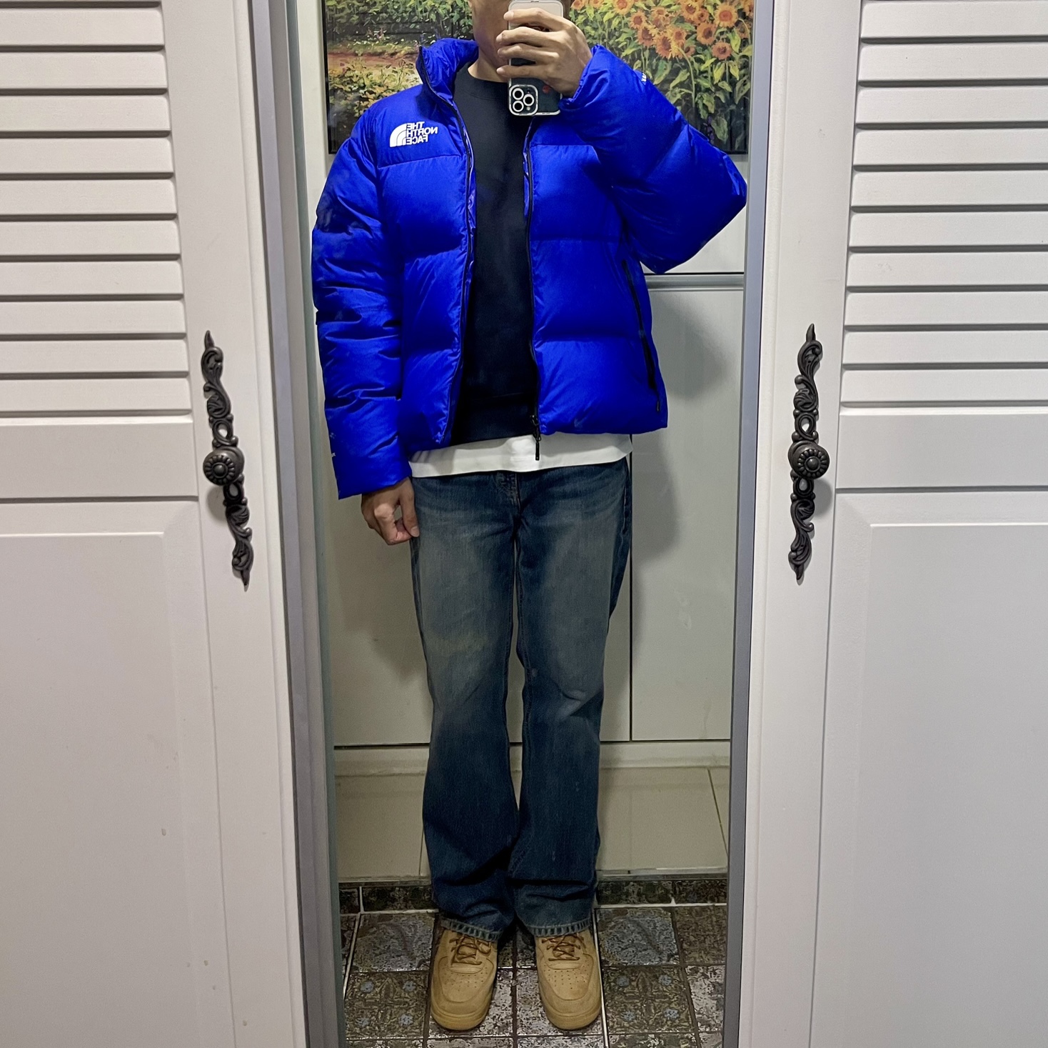 The North Face RMST Nuptse Jacket Lapis Blue 착용 스타일