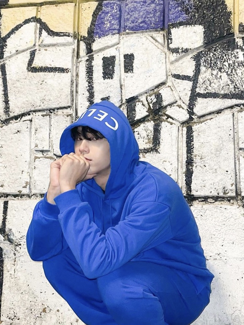 Celine Loose Hooded Sweatshirt in Cotton Fleece Royal Blue Off White 착용 스타일