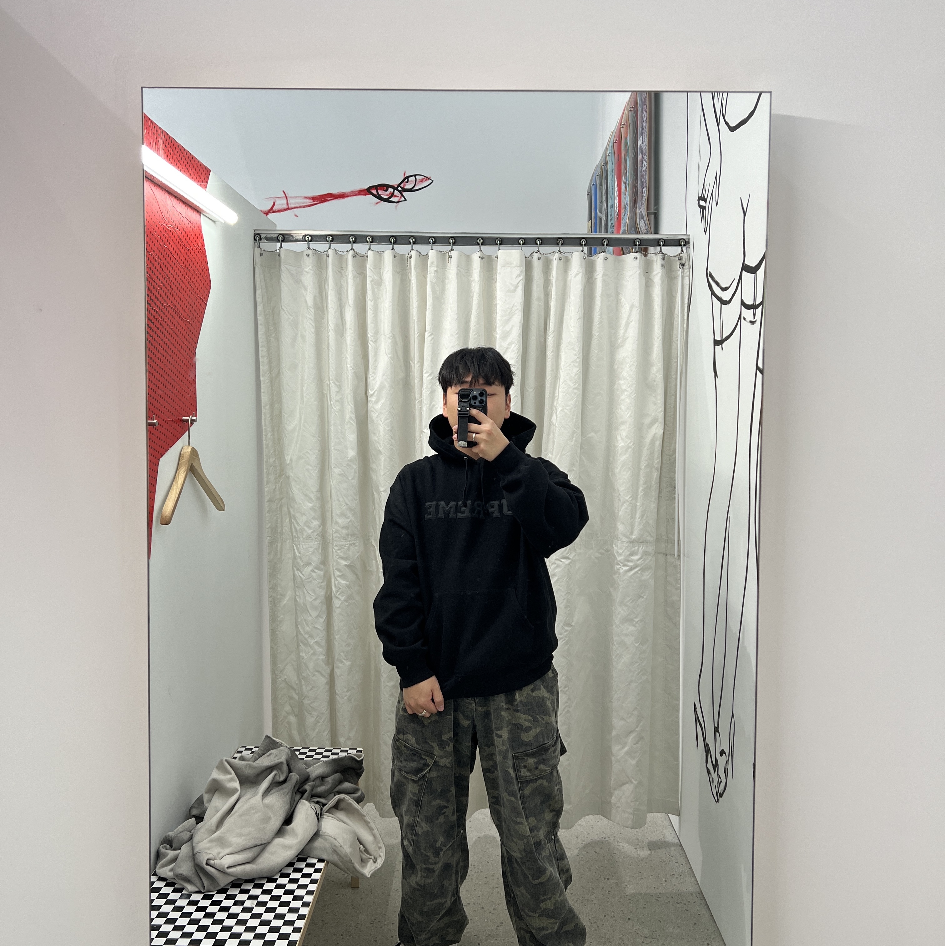 Maison Mihara Yasuhiro Blakey OG Sole Canvas Low-top Sneakers Black White, Supreme Collegiate Hooded Sweatshirt Black - 24SS 착용 스타일 - 2