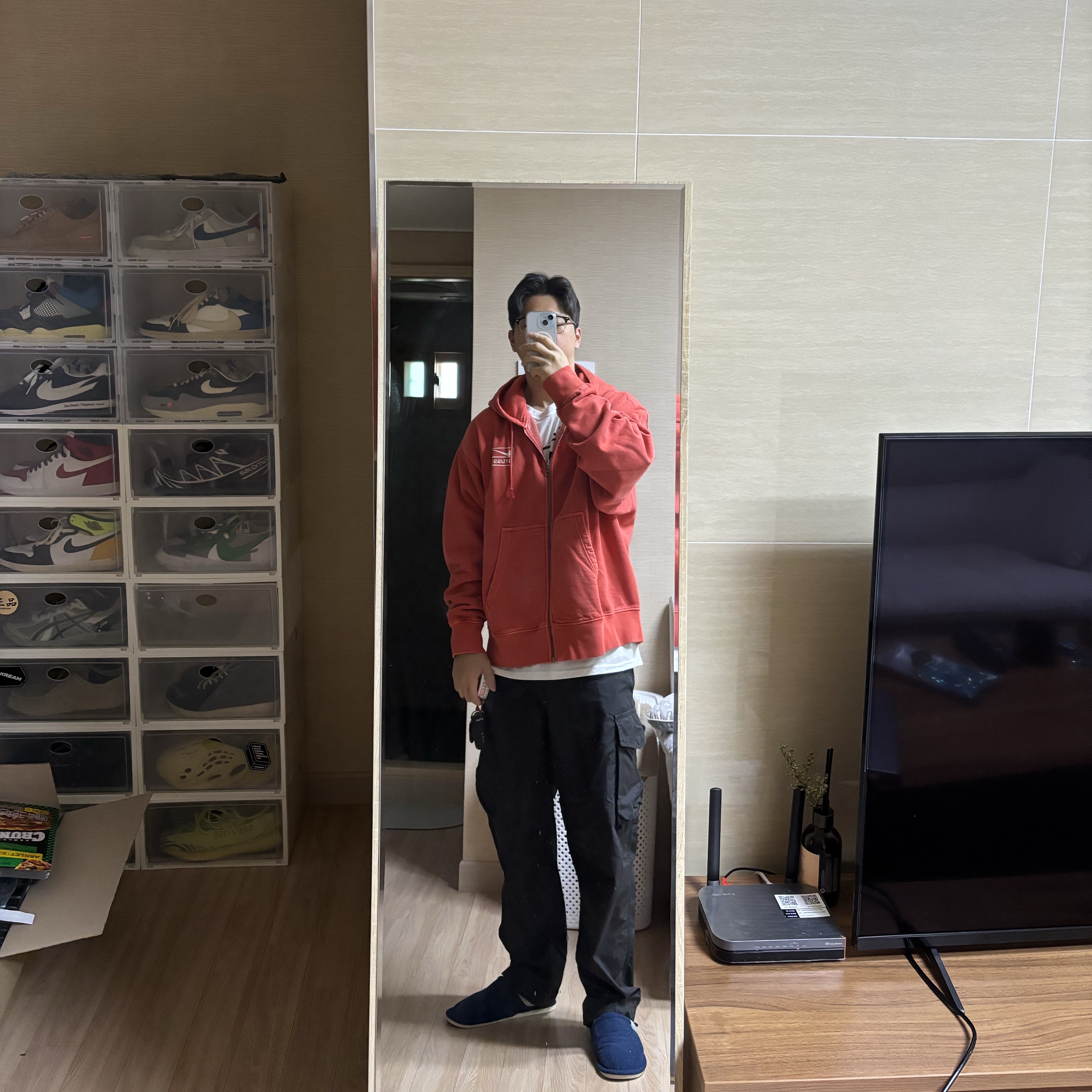 Nike x Stussy Full Zip Pigment Dyed Fleece Hoodie Habanero Red (FJ9161-642) 착용 스타일