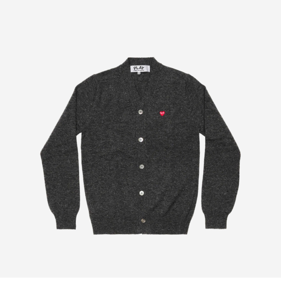 Play Comme des Garcons Mini Red Heart Knit Cardigan Grey 착용 스타일