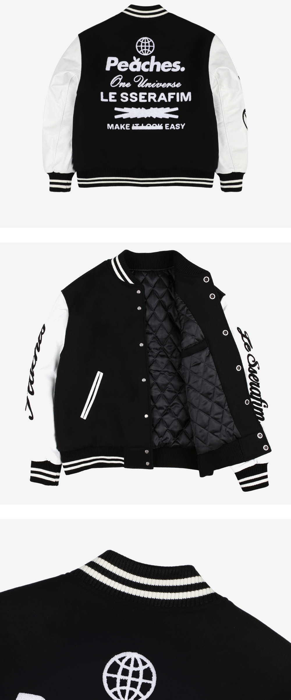 LE SSERAFIM x Peaches Collaboration Black Varsity Jacket