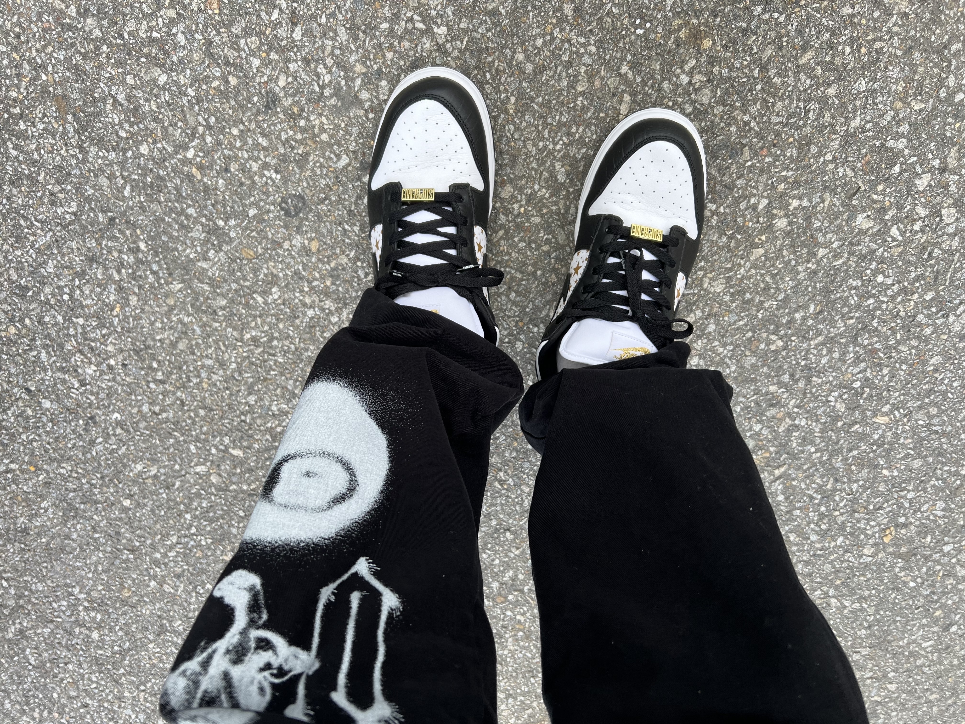 Nike x Supreme SB Dunk Low Black, Stussy Airbrush Icon Beach Pants Black 착용 스타일