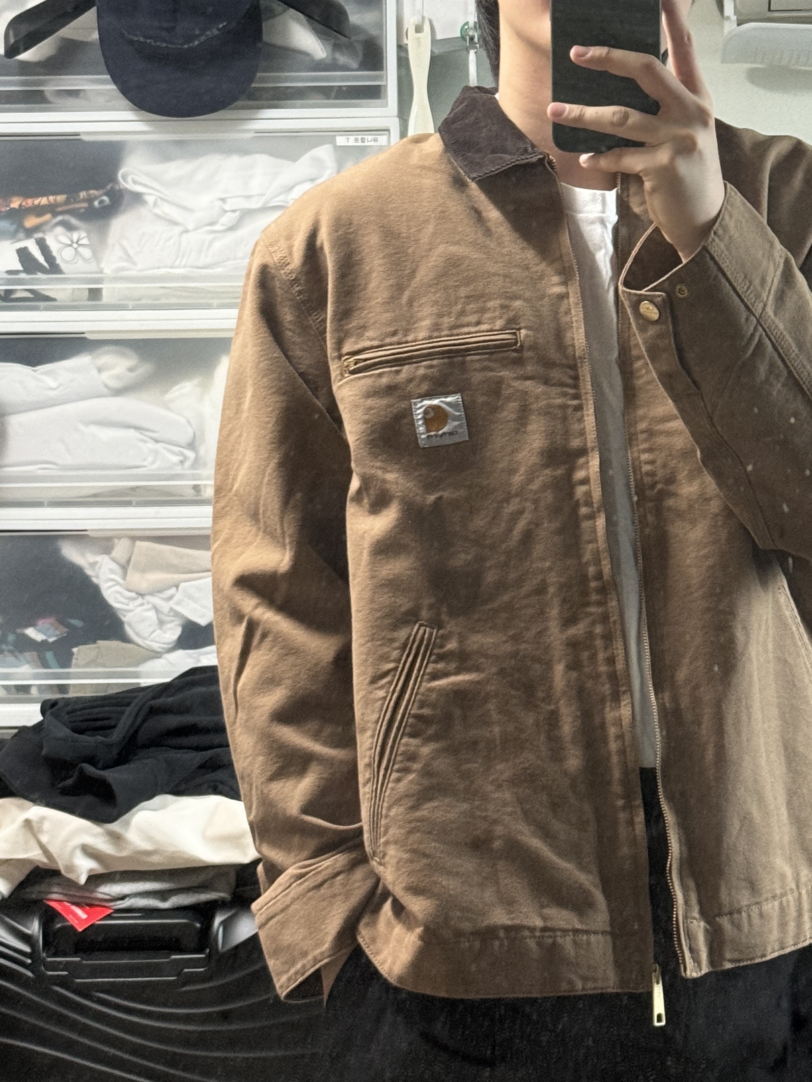 Carhartt WIP Unlined Dearborn Canvas Detroit Jacket Hamilton Brown Tobacco - Spring 착용 스타일
