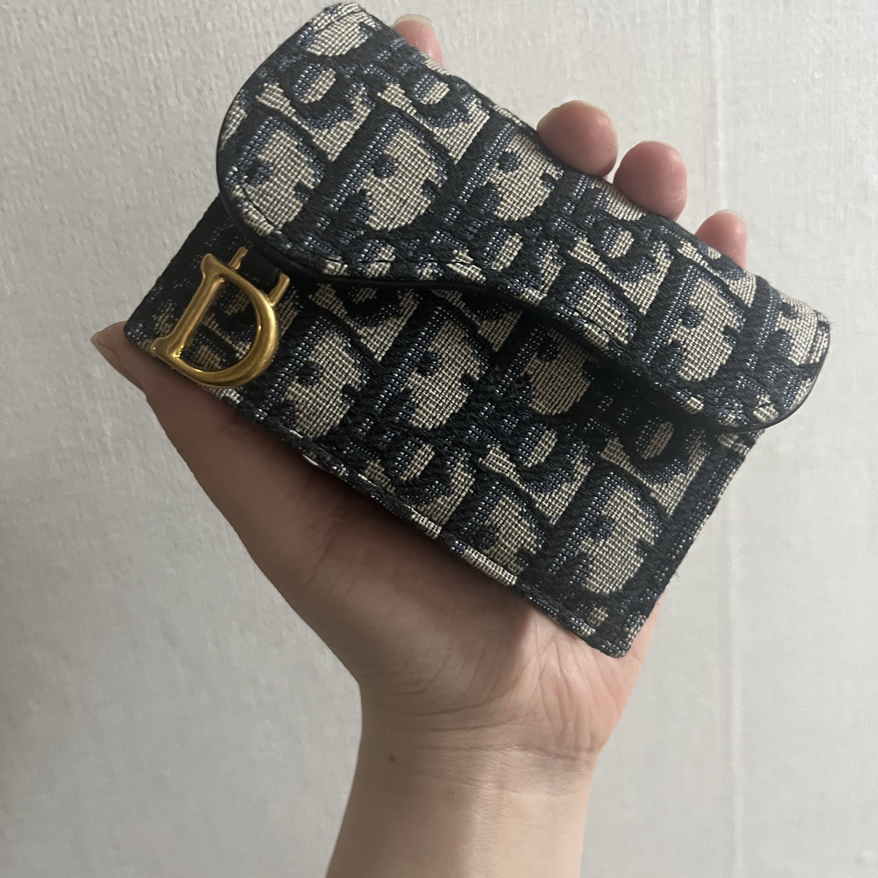 Dior Saddle Flap Card Holder Blue Dior Oblique Jacquard 착용 스타일