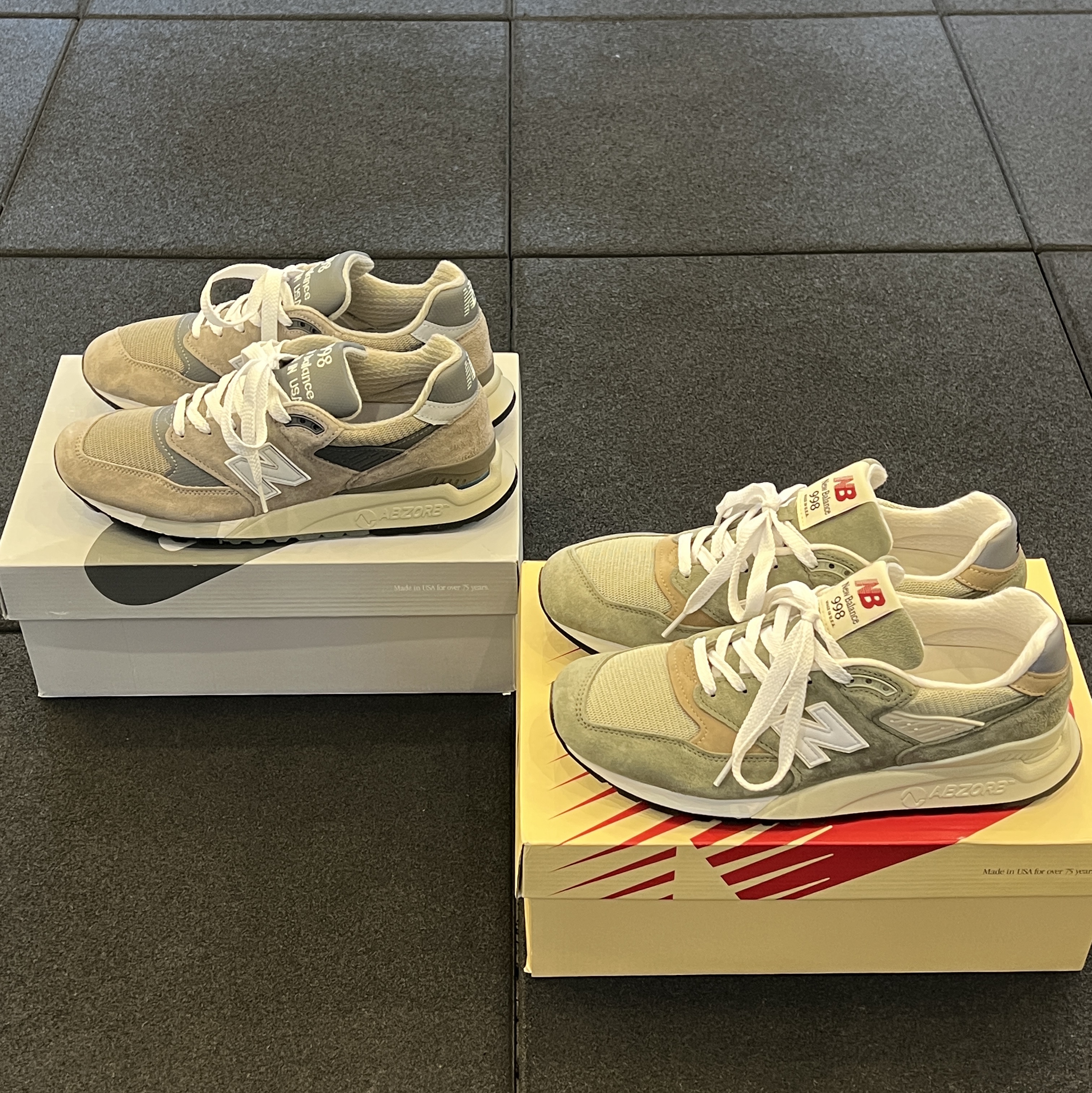 New Balance 998 Made in USA Olive Incense, New Balance 998 Core Made in USA Grey Silver 착용 스타일 - 1