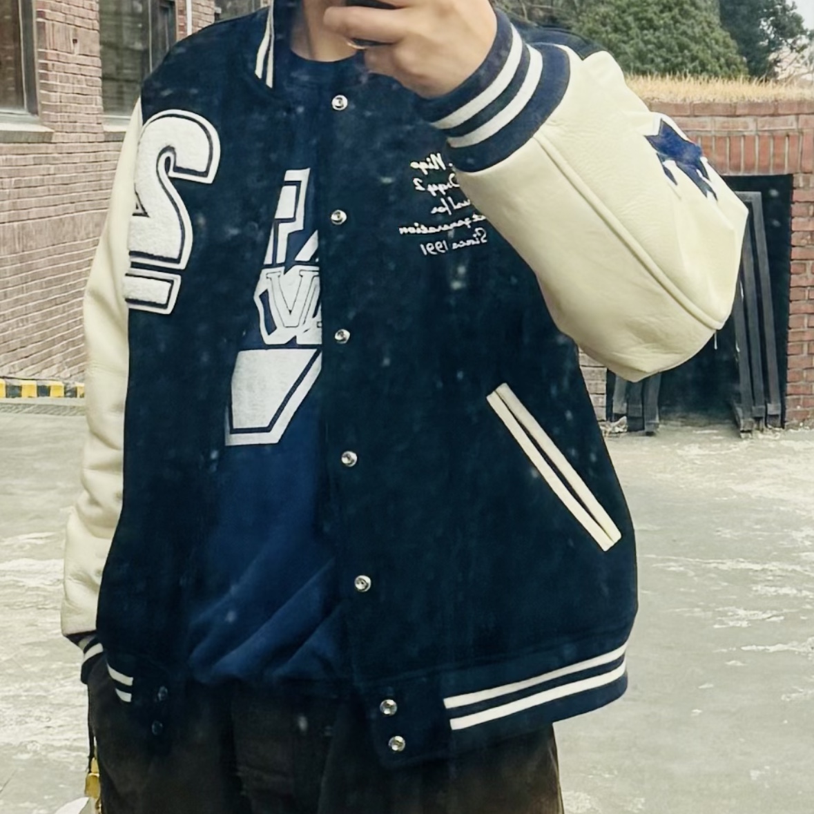Human Made x Undercover Last Orgy 2 Varsity Jacket Navy 착용 스타일