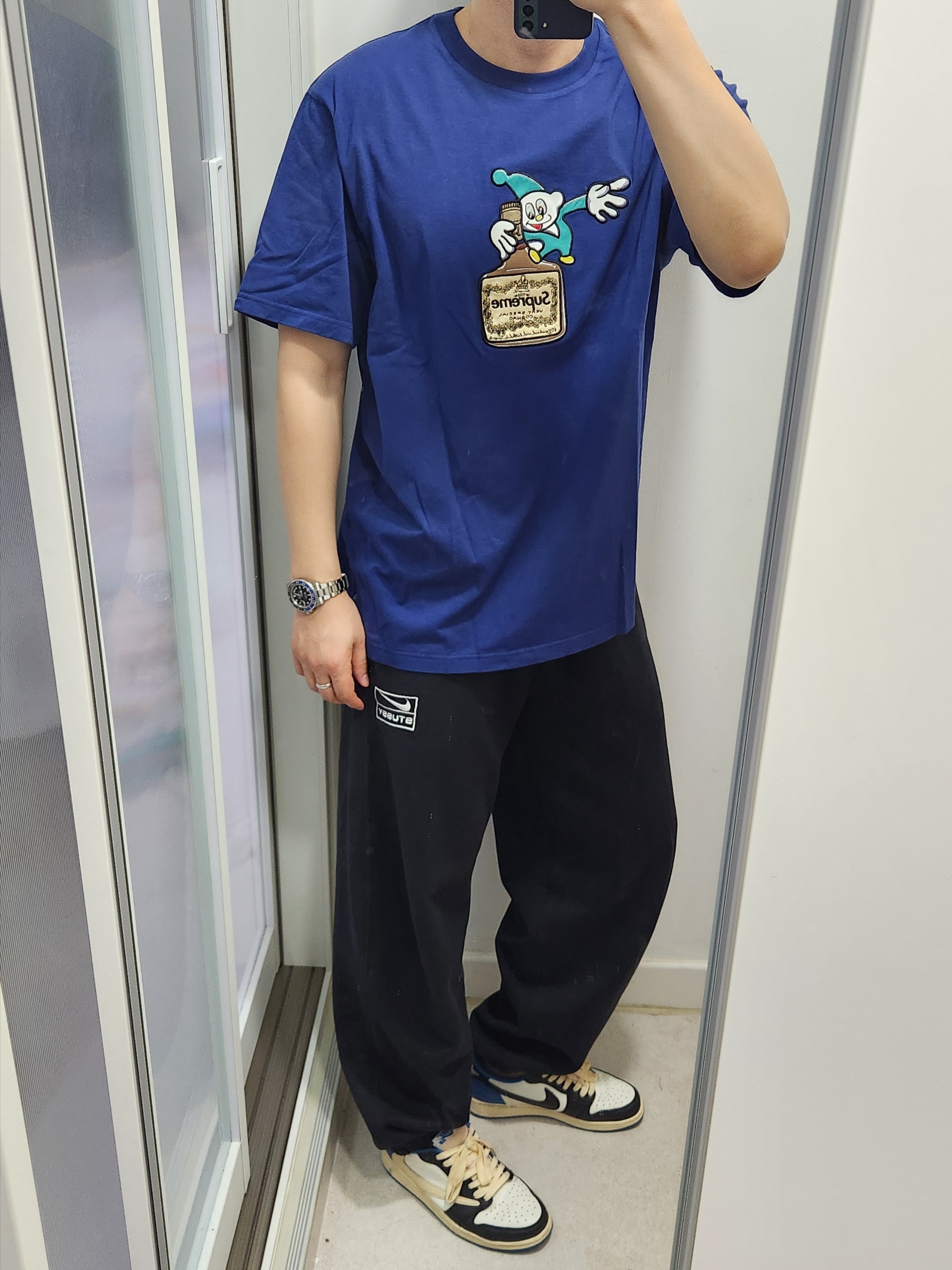 Supreme Elf S/S Top Dark Royal - 23FW, Nike x Stussy NRG Washed Fleece Pants Black (DO5296-010) 착용 스타일