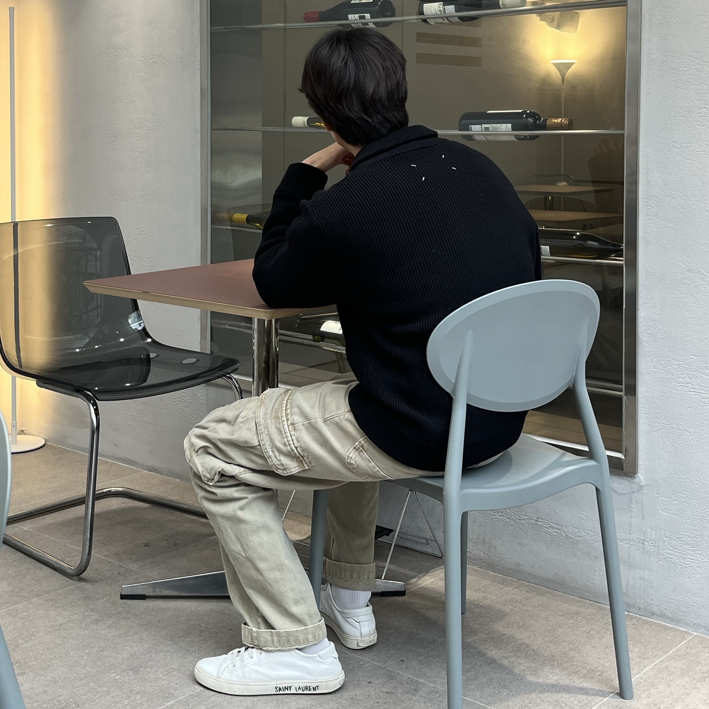 Wooyoungmi Cotton Back Logo Long Sleeve T-Shirt Black - 23FW, Maison Margiela Knit Zip Up Cardigan Black 착용 스타일