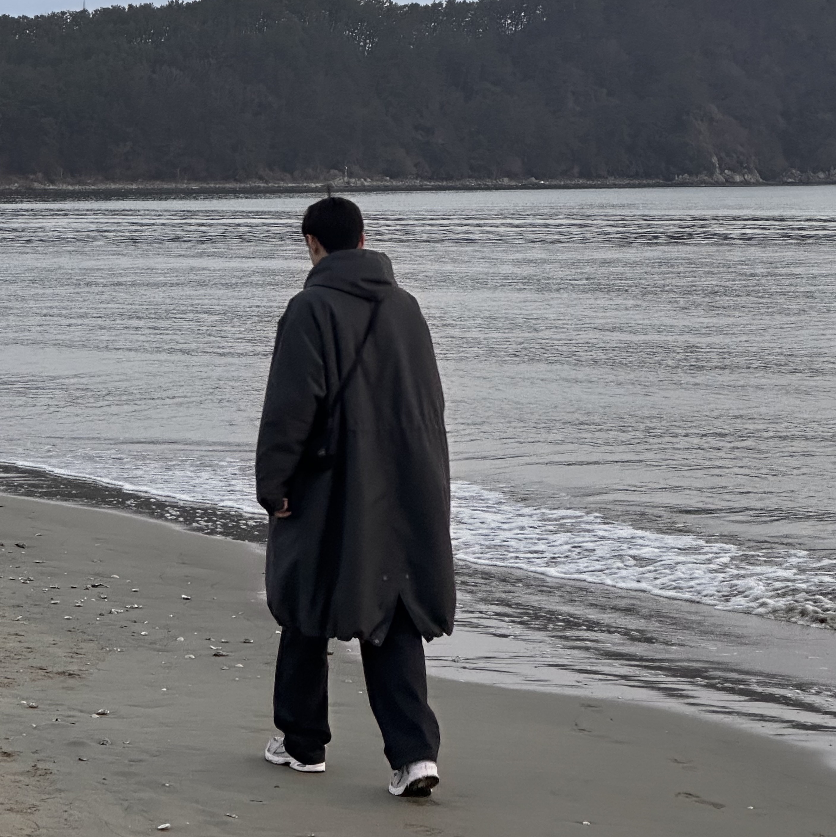 Uniqlo x Engineered Garments Pufftech Hooded Coat Dark Gray, Porter Force Shoulder Pouch Sage Green 착용 스타일