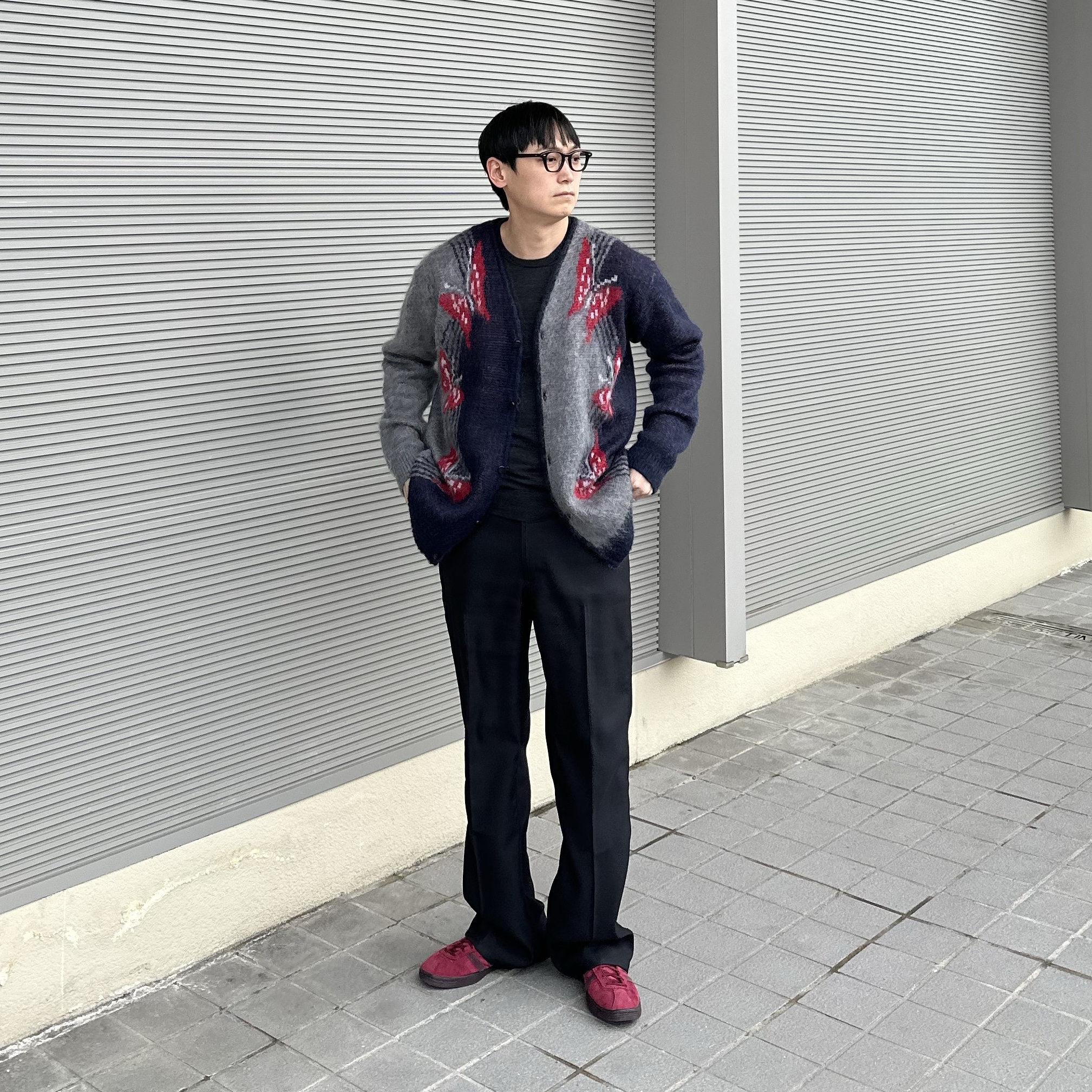 Needles x Freak's Store Mohair Papillon Cardigan Navy, Adidas Tobacco Gruen Collegiate Burgundy 착용 스타일 - 2