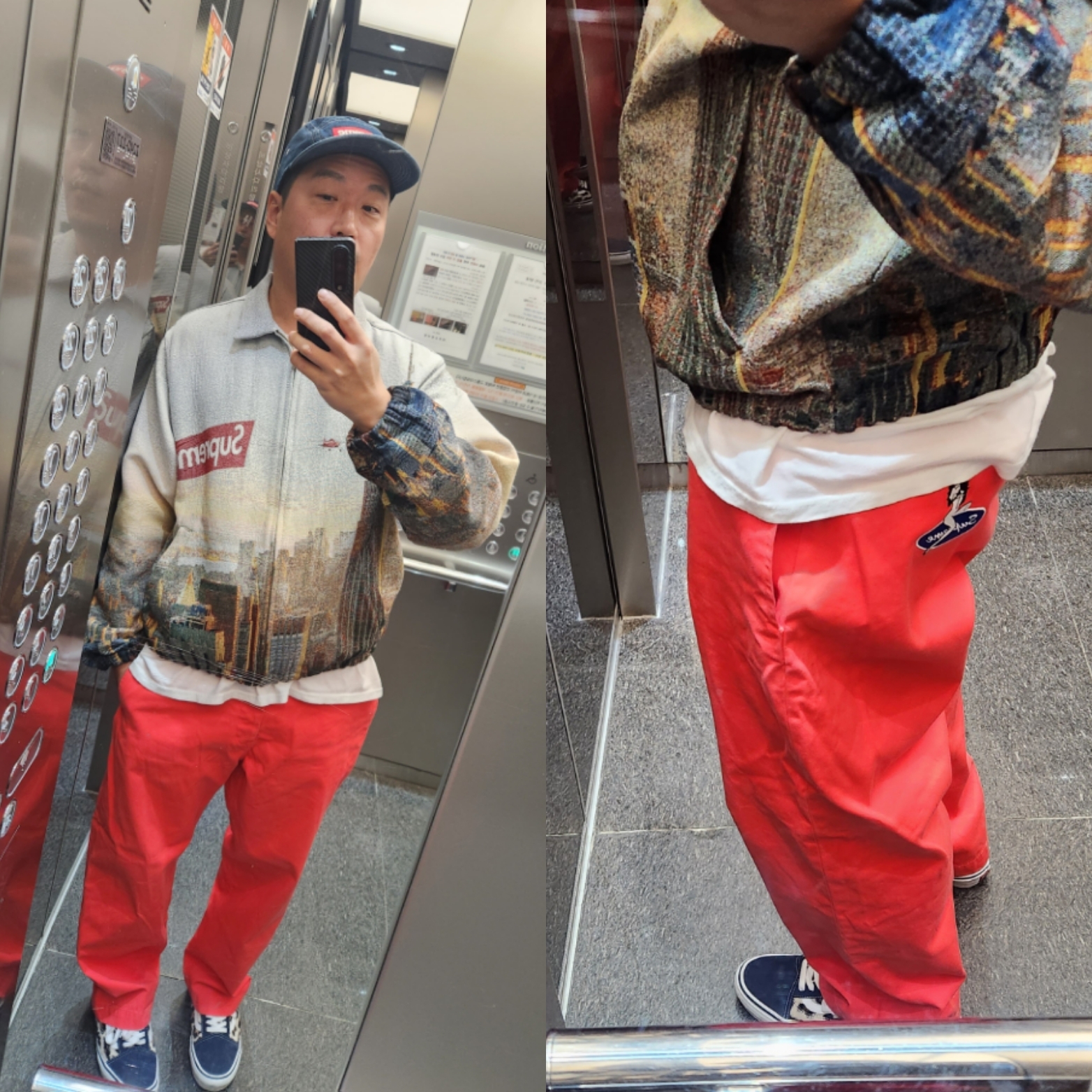 Supreme Chino Pants Neon Red - 23SS, Supreme Aerial Tapestry Harrington Jacket - 20FW 착용 스타일