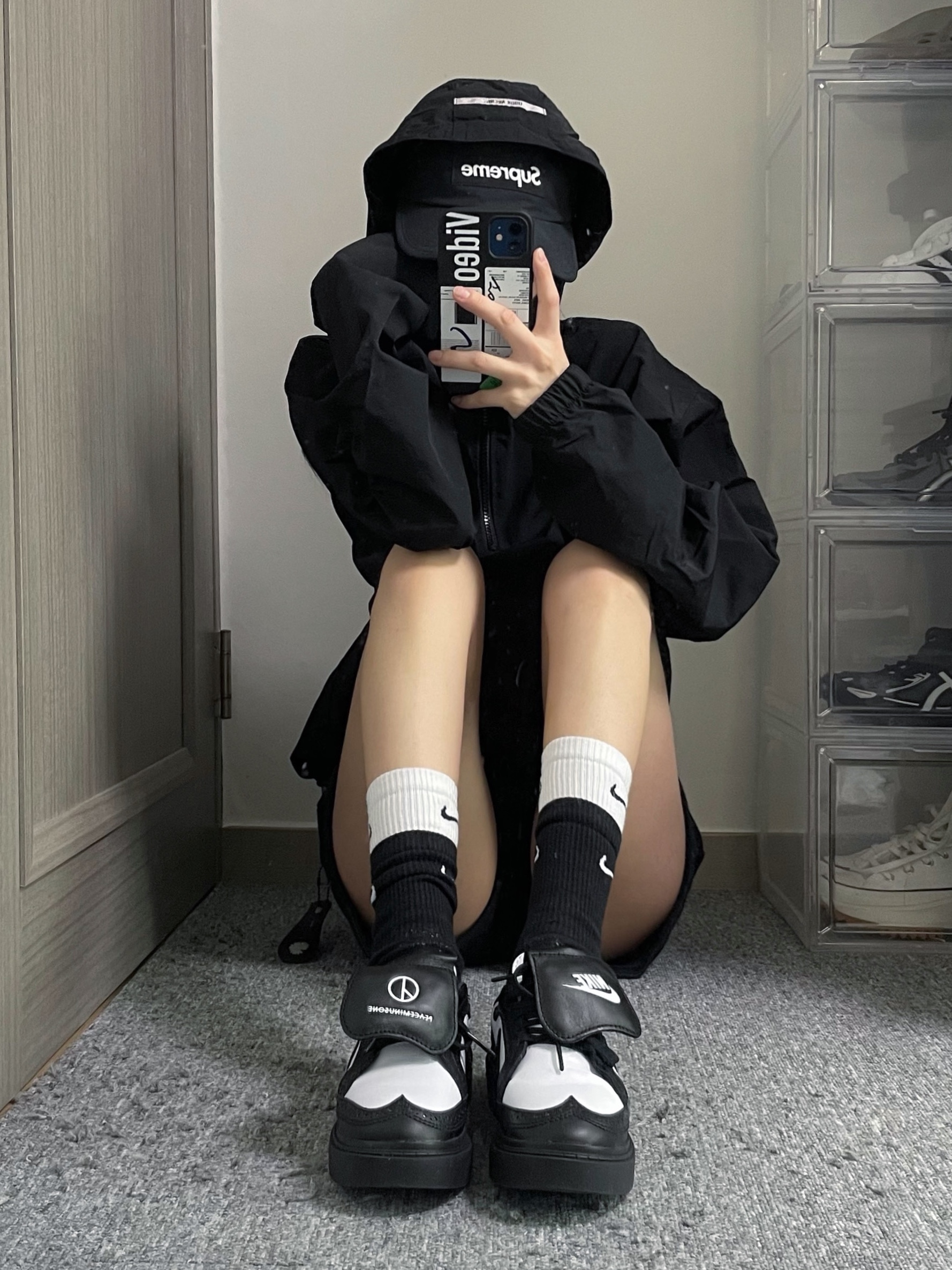 Nike x Peaceminusone Kwondo1 Black and White, Nike Everyday Plus Cushioned Training Crew Socks Black White (Korean Ver.) 착용 스타일 - 2