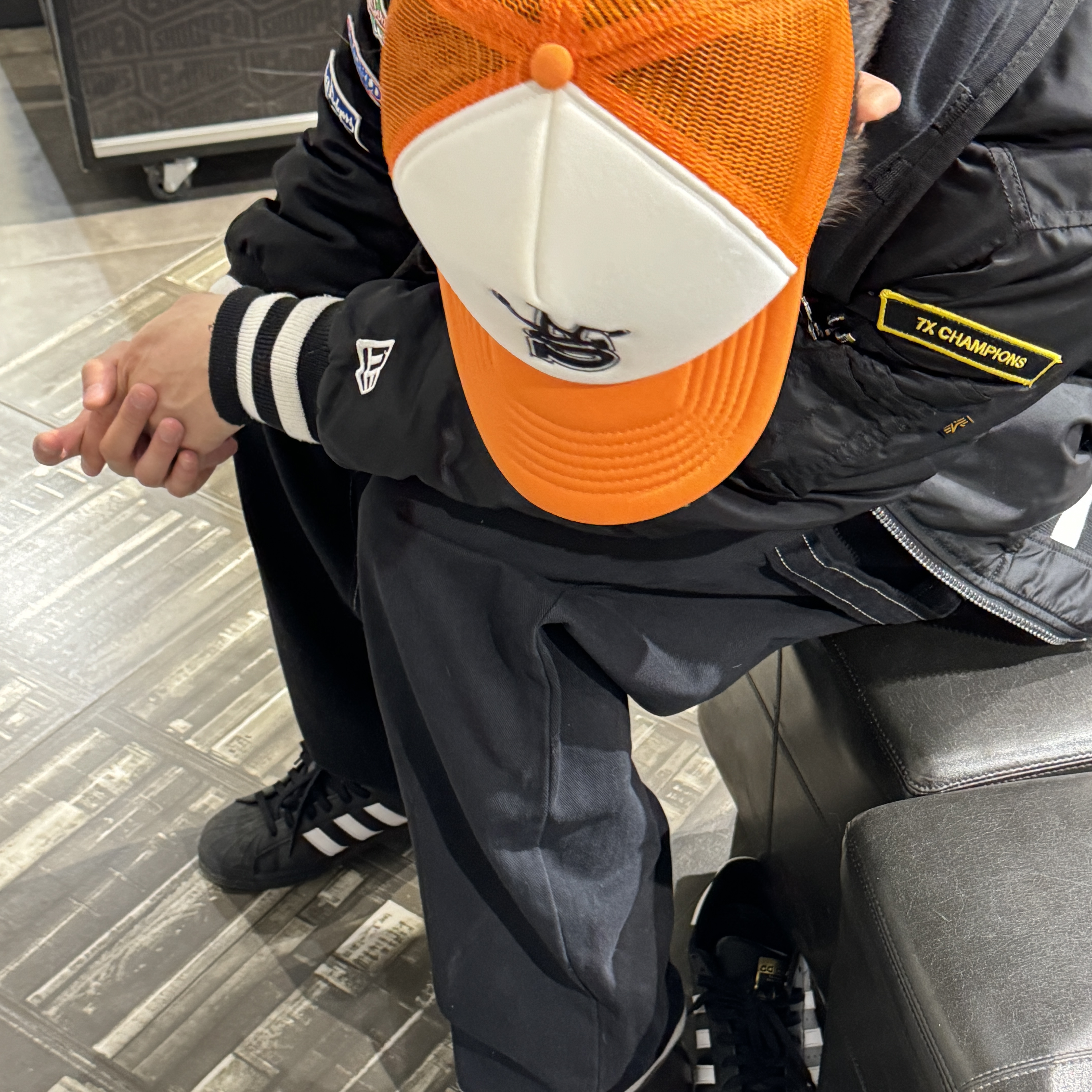 Stussy x Our Legacy Work Shop Trucker Cap Orange 착용 스타일 - 2