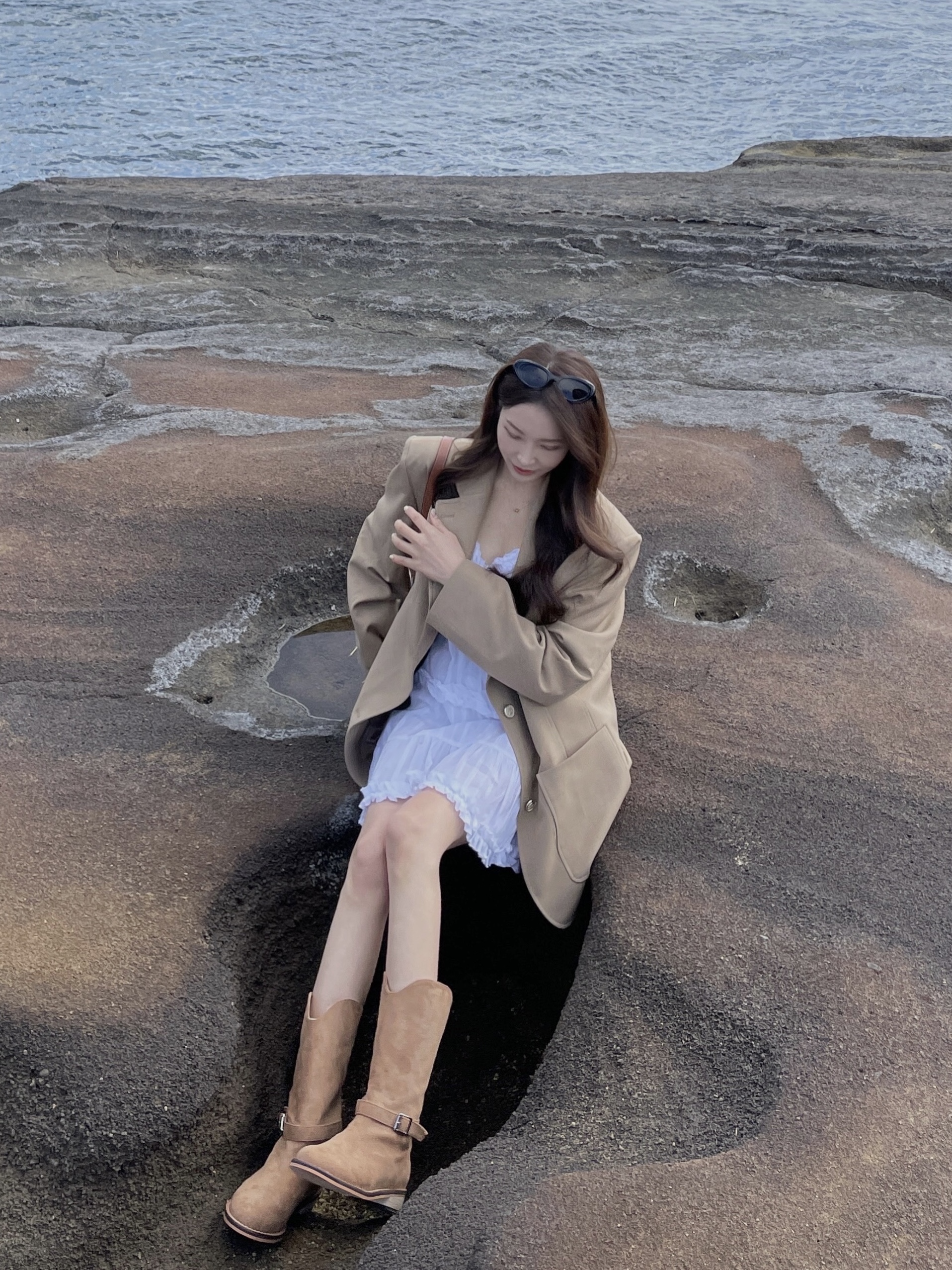 Celine Mini Backpack Folco in Triomphe Canvas and Calfskin Tan, Gentle Monster Le 01 Black 착용 스타일 - 2