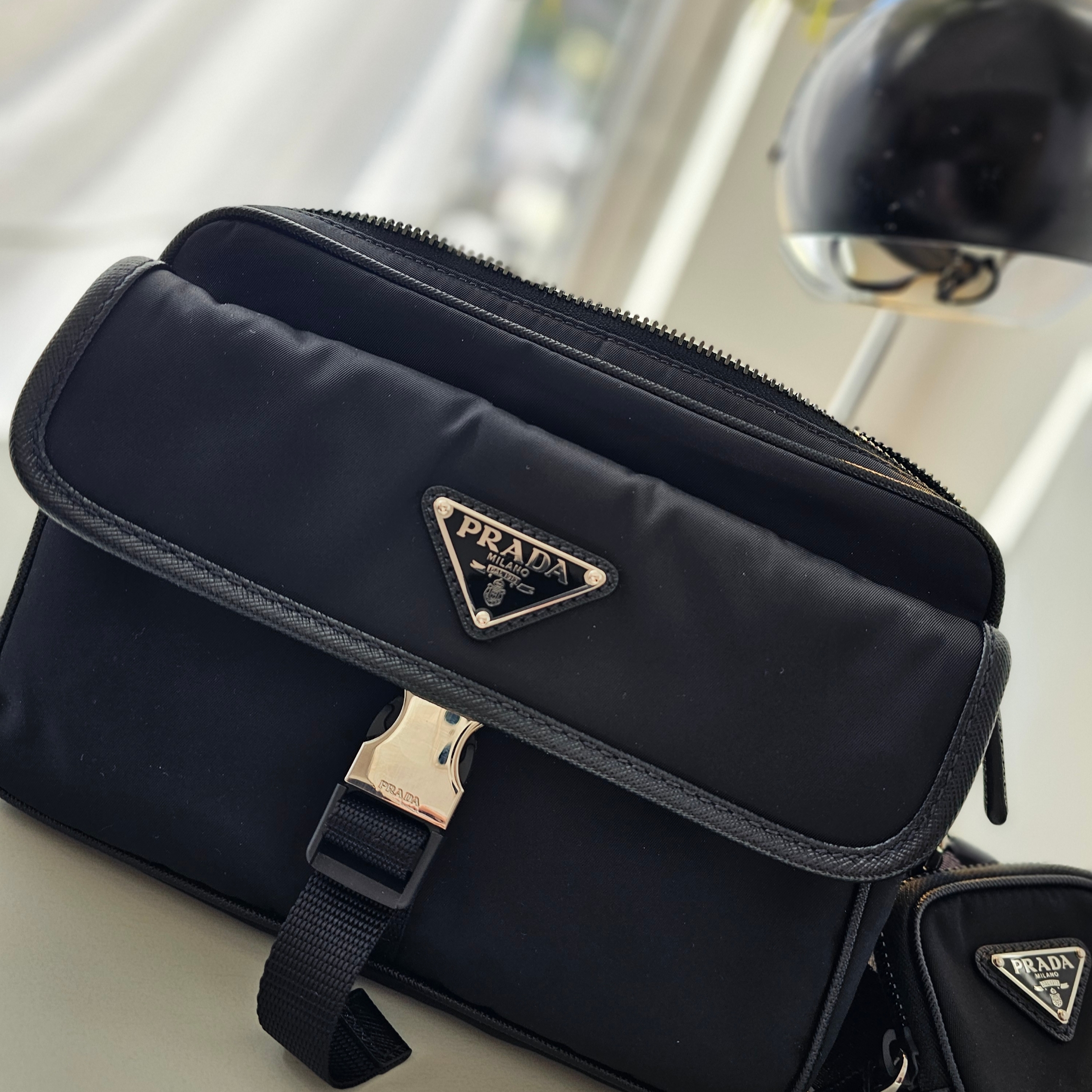 Prada Re-Nylon and Saffiano Leather Shoulder Bag Black 착용 스타일