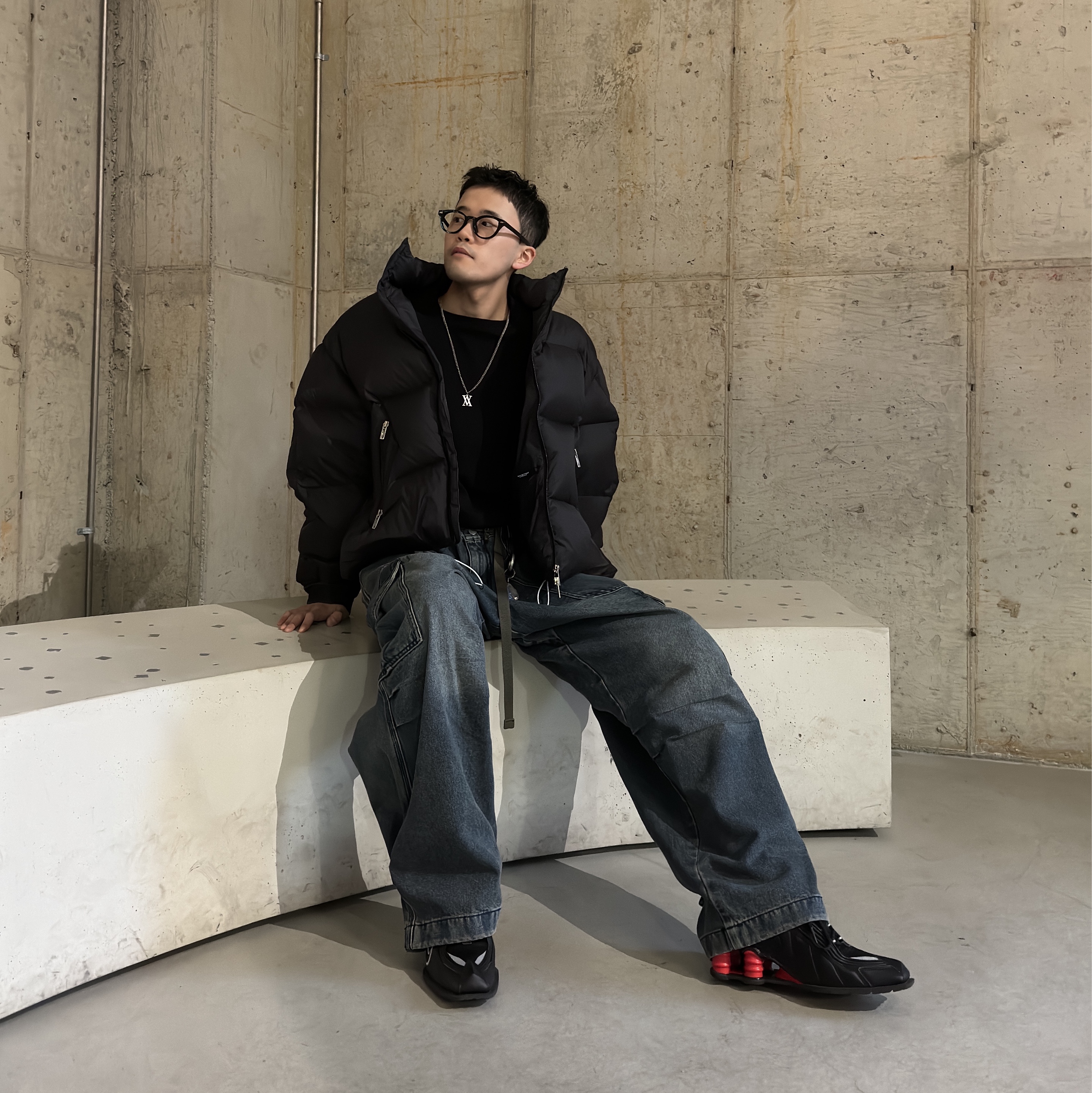 Opening Project Identity Down Jacket Black, Nike x Martine Rose Shox MR4 Black 착용 스타일 - 3