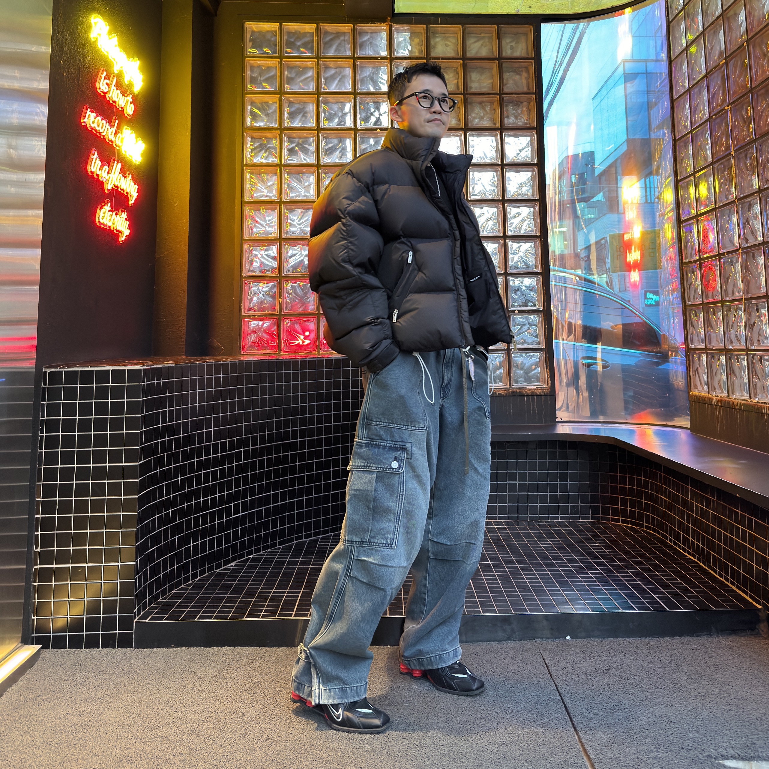 Opening Project Identity Down Jacket Black, Nike x Martine Rose Shox MR4 Black 착용 스타일 - 2