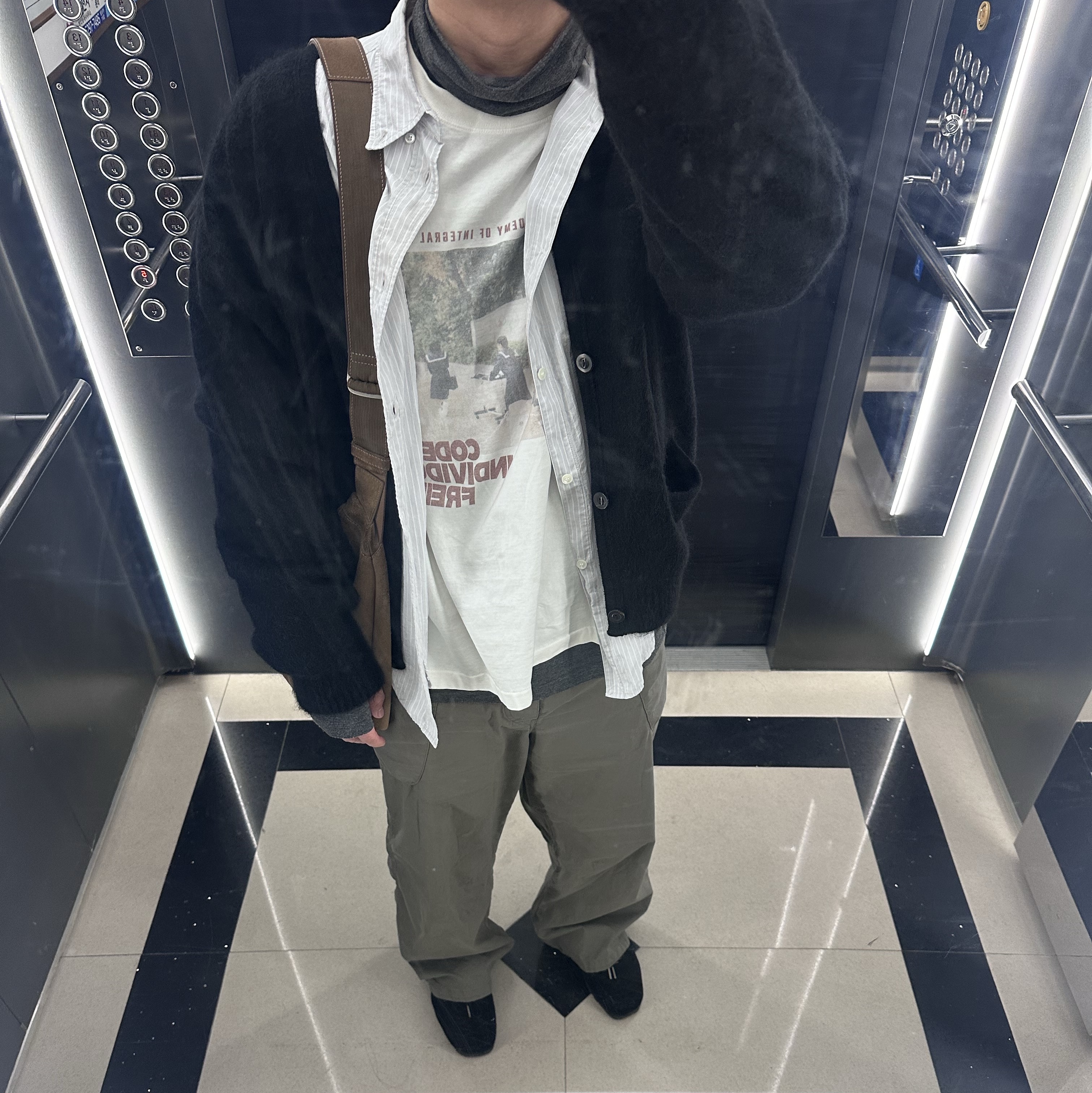 Polyteru Mohair Cardigan Black, Polyteru Dell Cargo Pants Used Olive Gray 착용 스타일