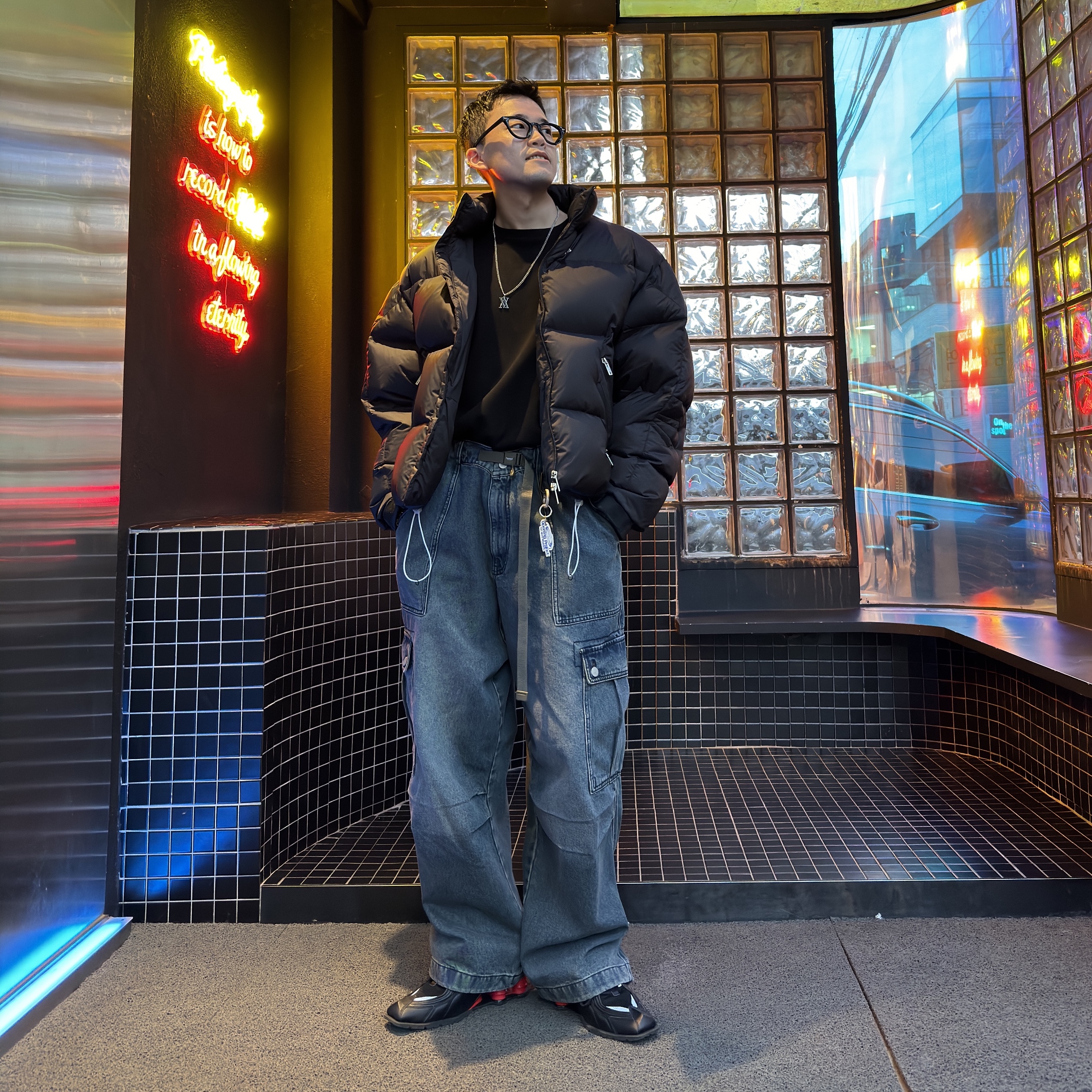 Opening Project Identity Down Jacket Black, Nike x Martine Rose Shox MR4 Black 착용 스타일 - 1