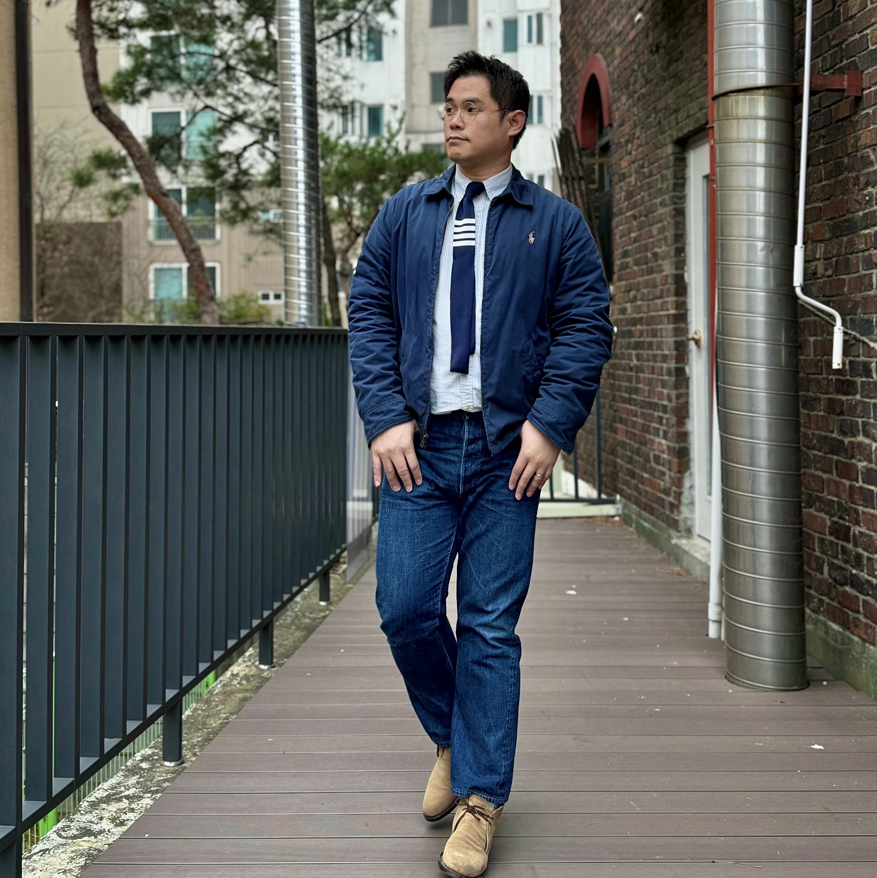 Warehouse & Co. Lot 2nd-Hand 1100 Pants Used Wash Medium Indigo 착용 스타일 - 2