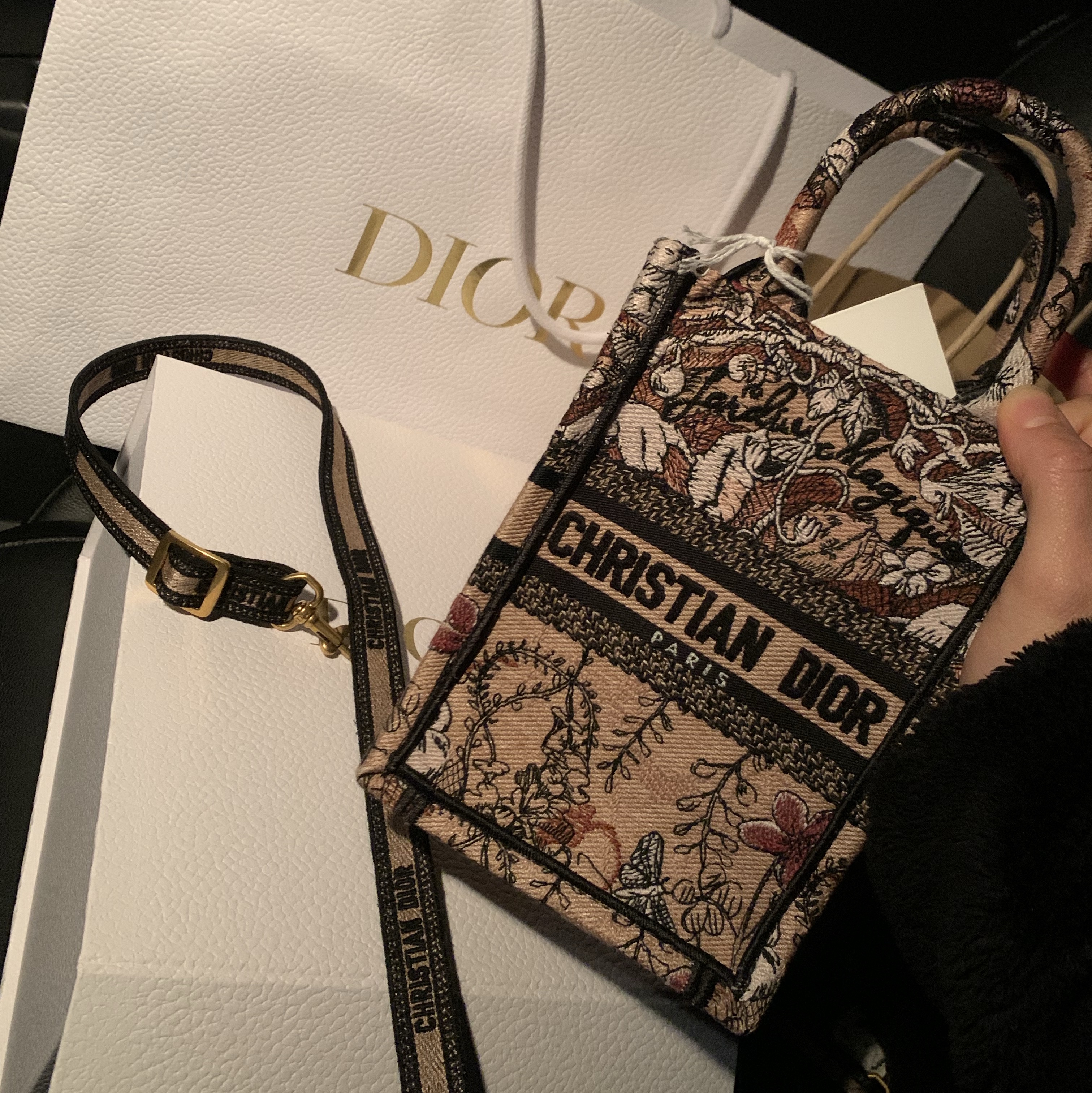 Dior Mini Dior Book Tote Phone Bag Powder Pink Dior Jardin Magique Embroidery 착용 스타일