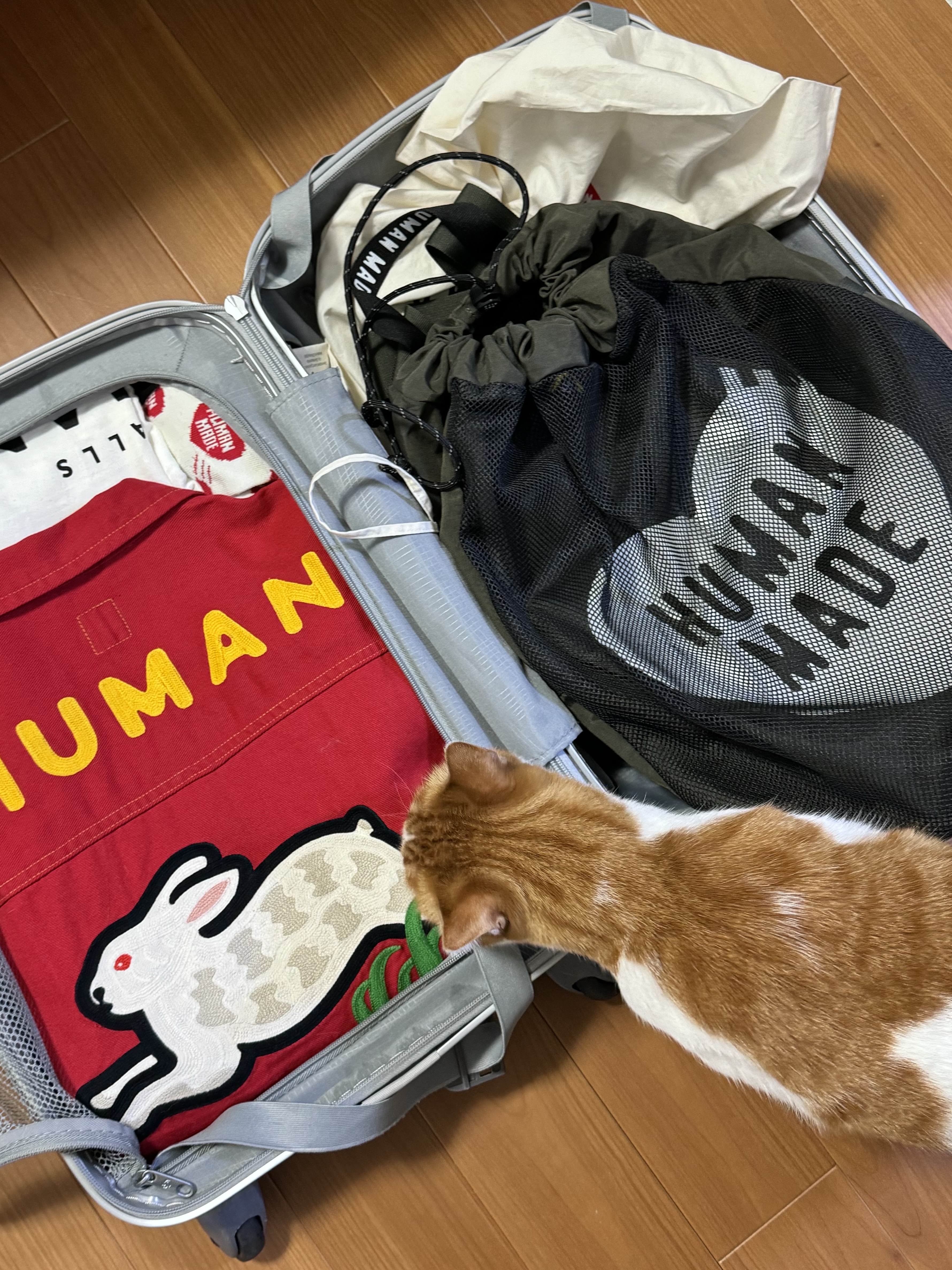 Human Made Drawstring Backpack Olive Drab, Human Made Rabbit Work Jacket Red 착용 스타일