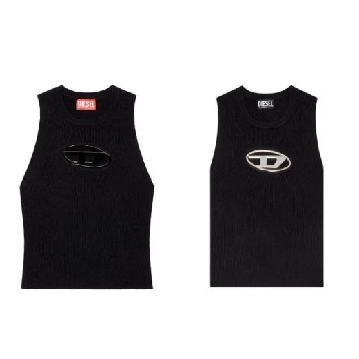 (W) Diesel M-Onerva-Top Cut-Out Knit Top with Logo Plaque Black Black 착용 스타일