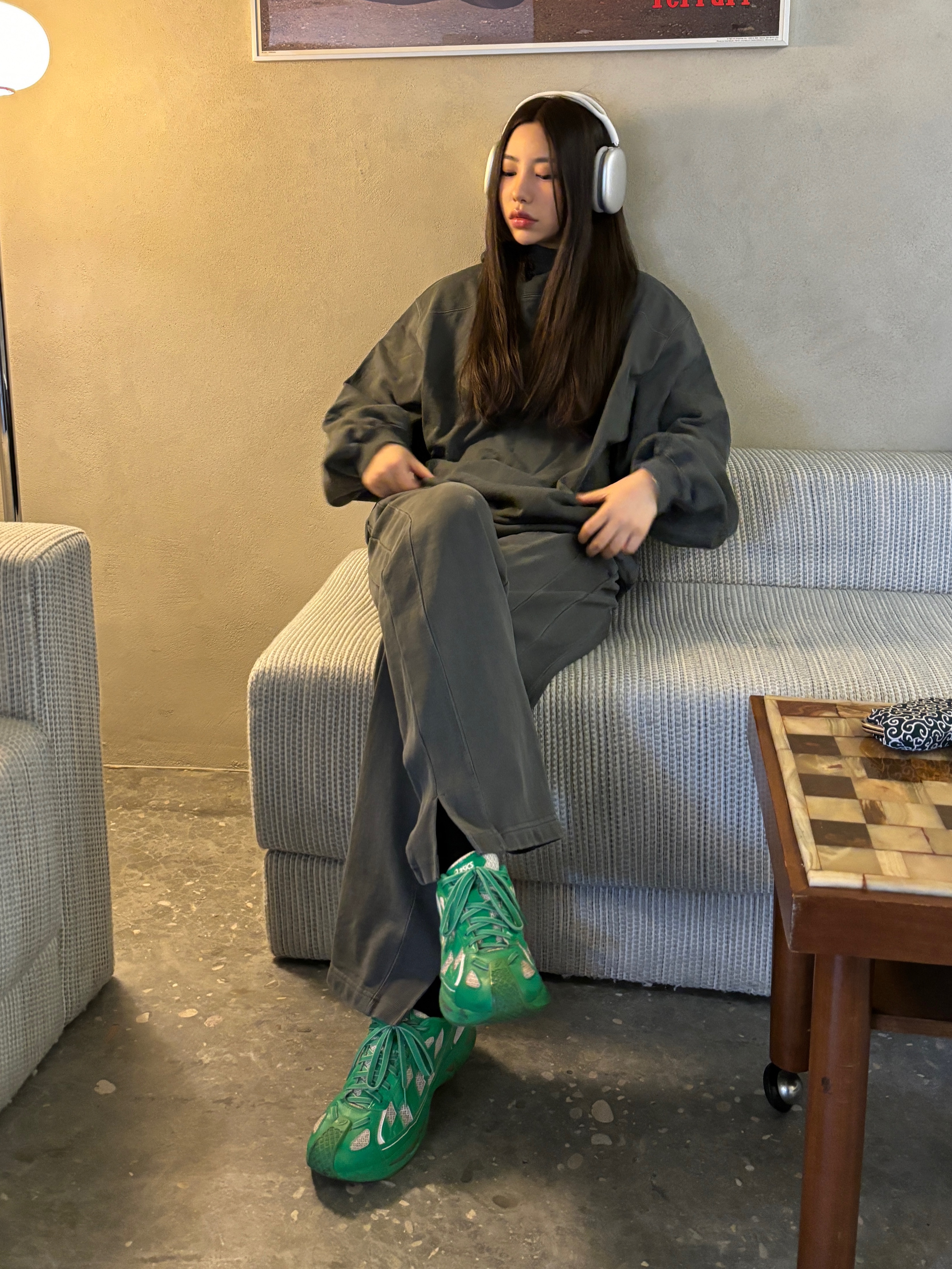 Asics x Kiko Kostadinov Gel-Kiril Cilantro, (W) Mischief Rhombus Side Button Up Hoodie Washed Charcoal 착용 스타일