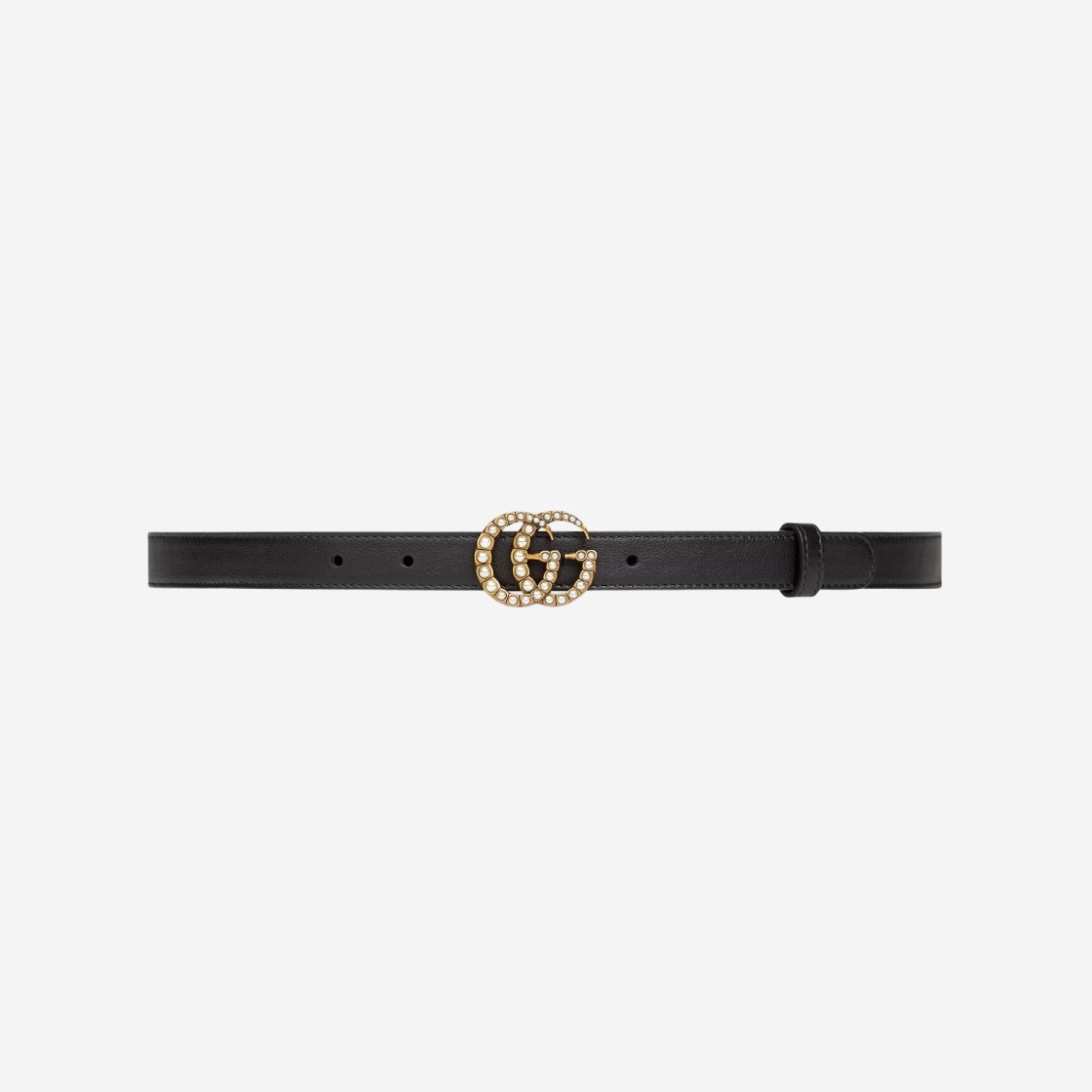 (W) Gucci Leather Belt with Pearl Double G Buckle Black Leather 상세 이미지 1