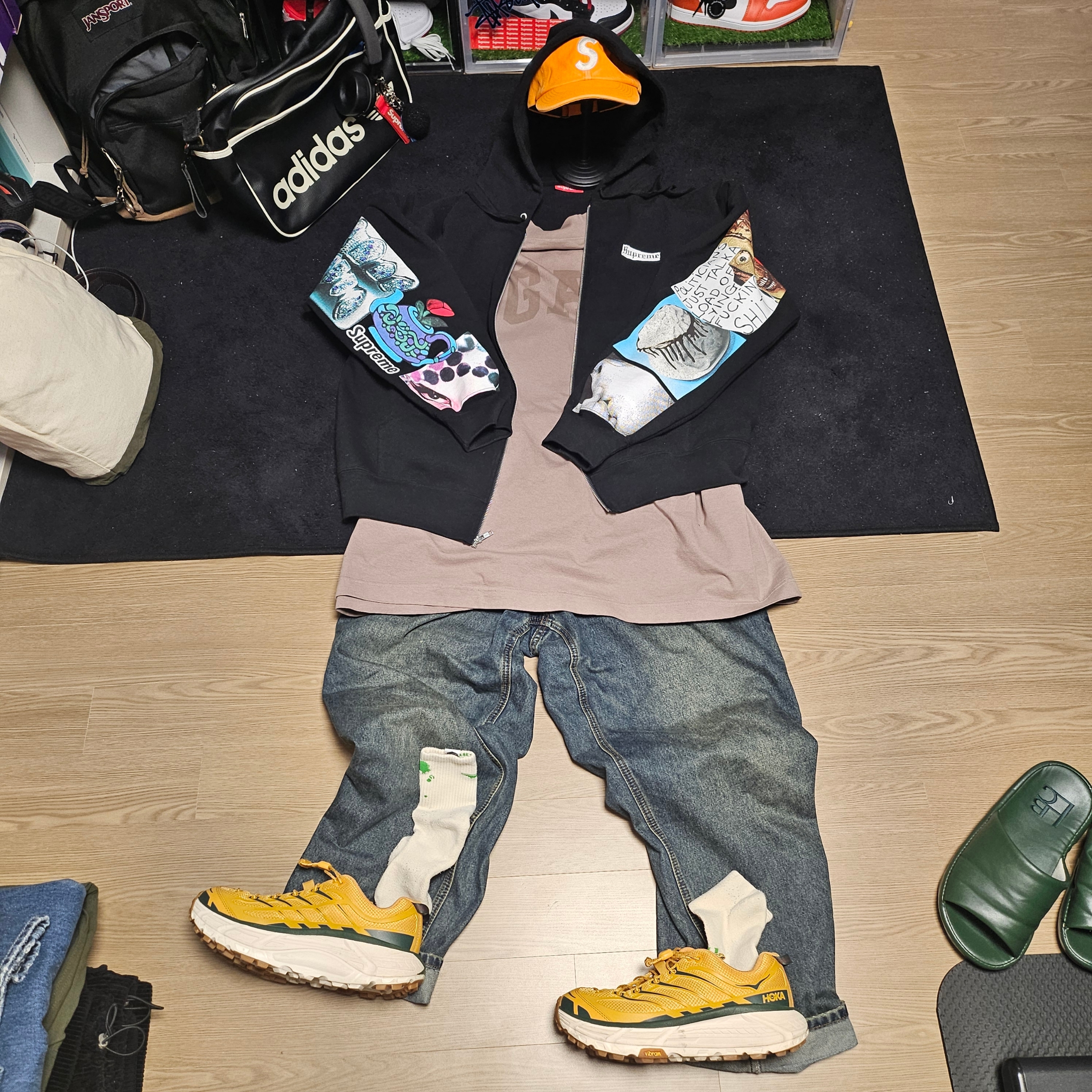Supreme Pigment Canvas S Logo 6-Panel Orange - 23SS, Supreme Spread Zip Up Hooded Sweatshirt Black - 24SS 착용 스타일 - 1