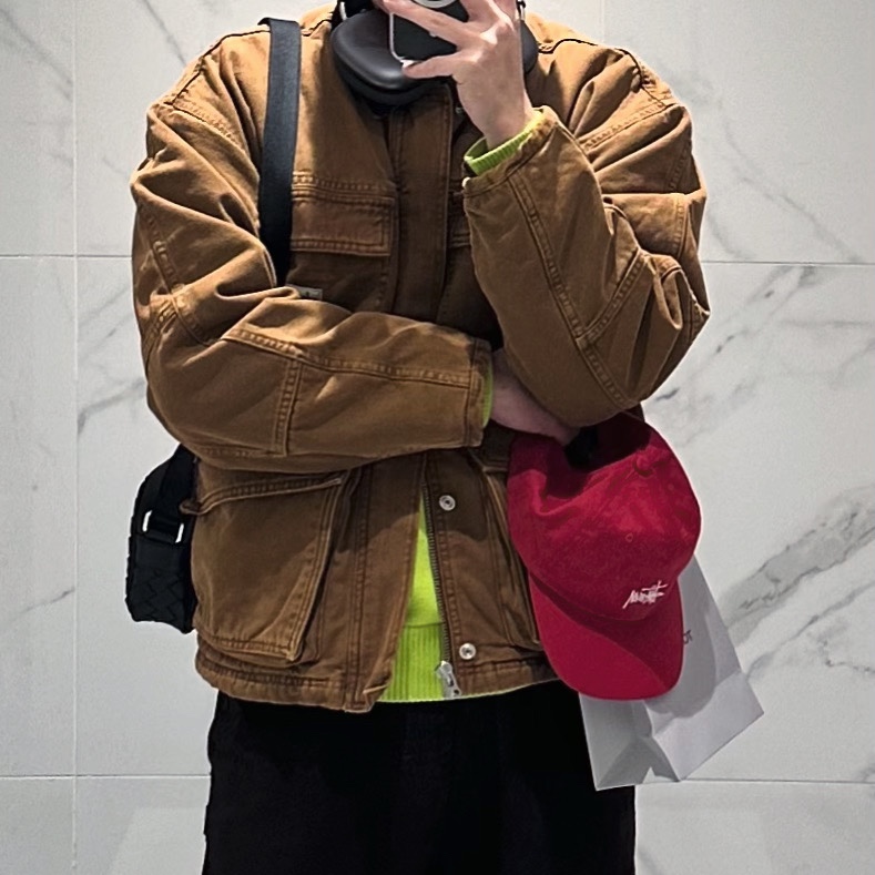 Stussy Washed Canvas Shop Jacket Bronze, Stussy Stock Low Pro Cap Red 착용 스타일